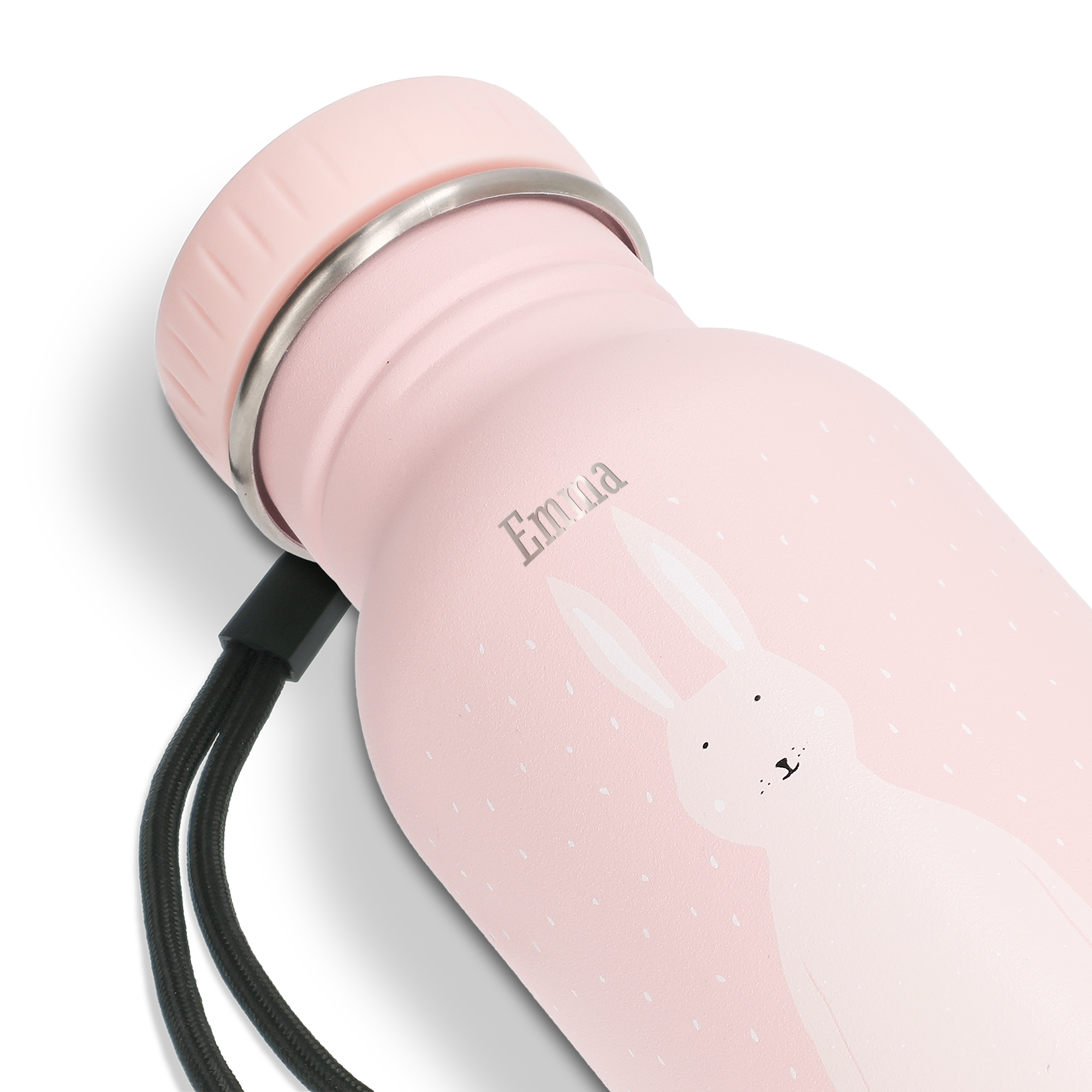 Personlig Trixie dyrevannflaske i rosa med kaninmotiv, lasergravert med navnet "Emma".