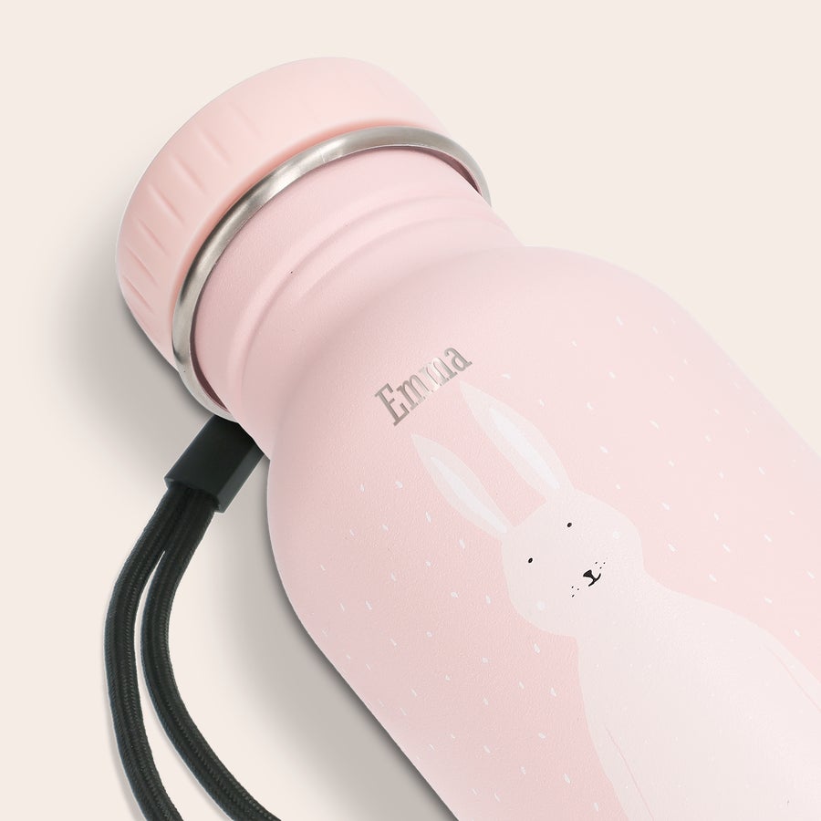 Trixie bottle animals A pink personalized Trixie animal water bottle with a rabbit design and the name Emma laser engraved on it