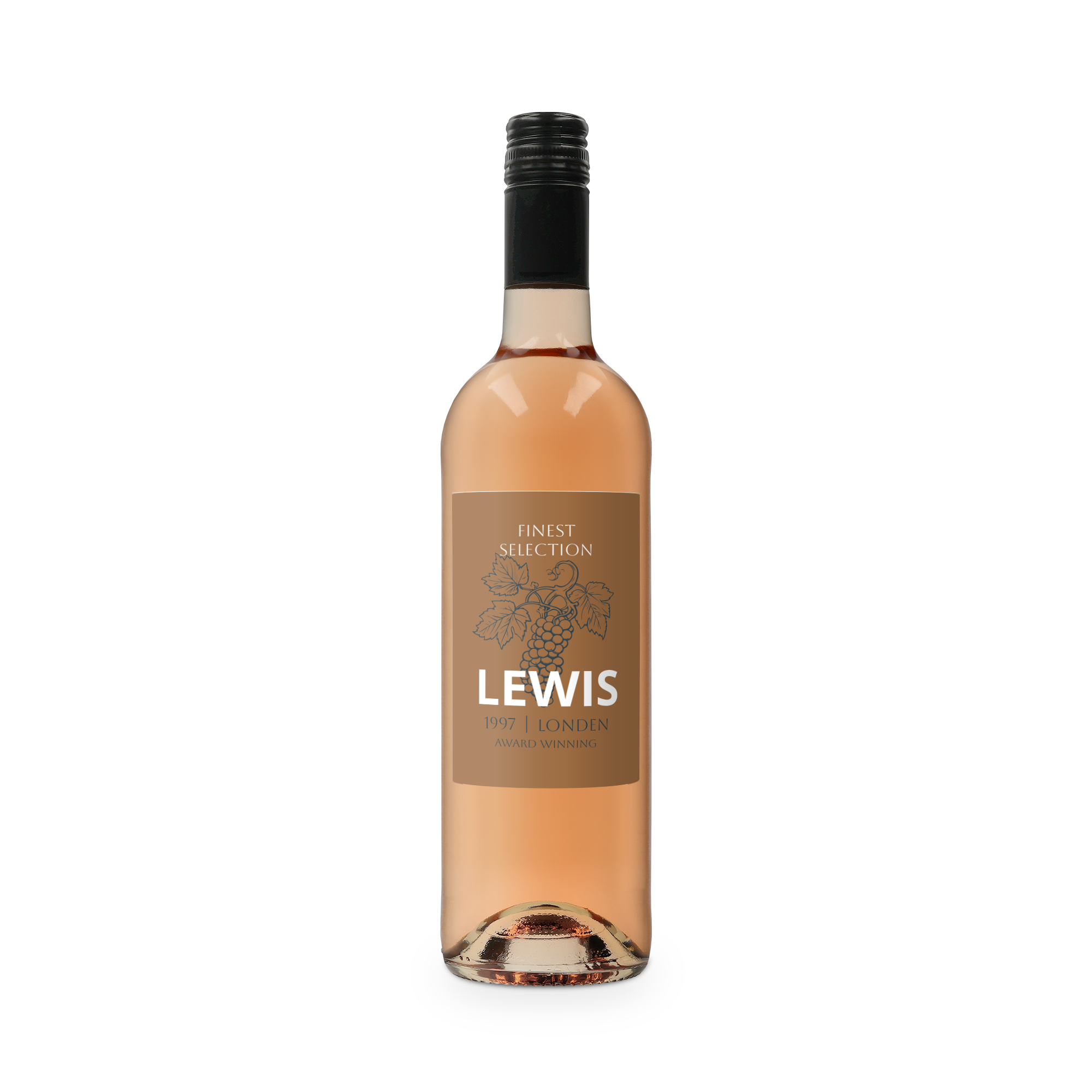 Botella de vino rosado Belvy con etiqueta personalizada, impresa con el nombre "LEWIS" y un diseño de uvas.