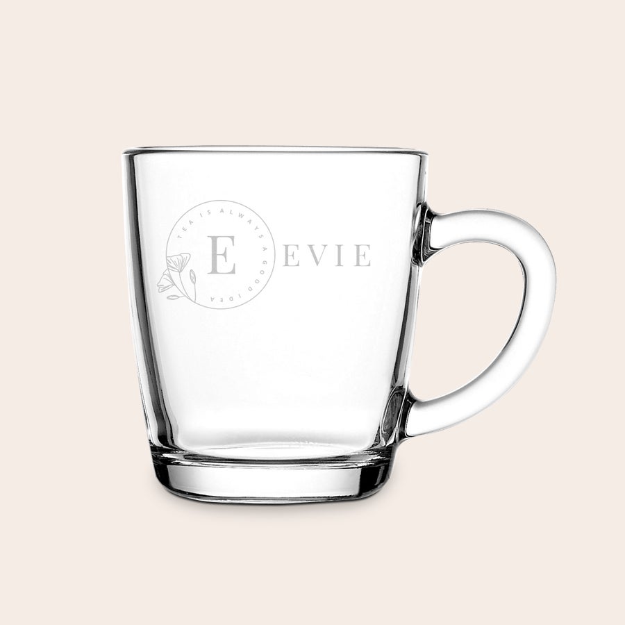 Personalised wooden tea box Clear tea glass engraved with the name Evie and the text Tea is Always a Good Idea