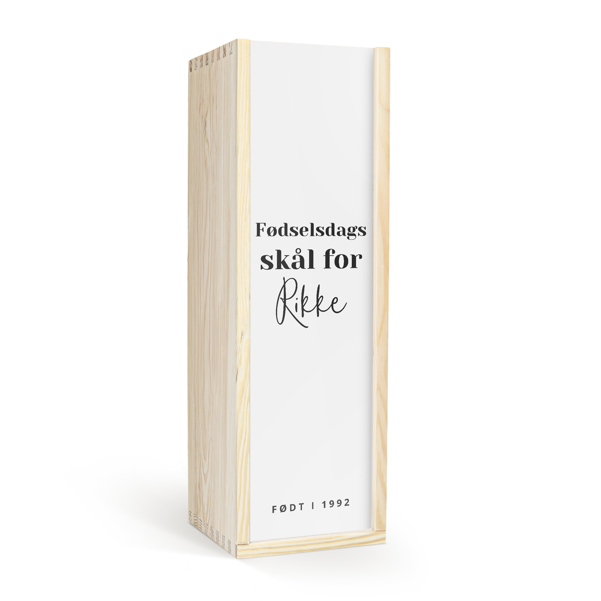 Personlig Moët & Chandon champagne i træhus, fuldfarvetrykket med Fødselsdags skål for Rikke og Født i 1992