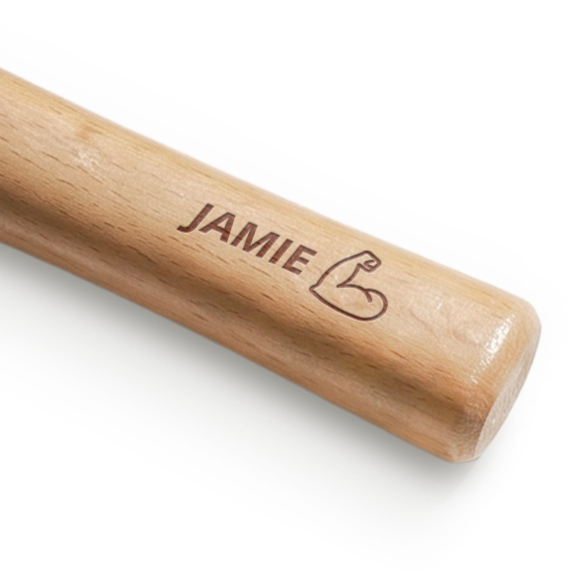 Nauwkeurige gegraveerde hamer van hout met de naam Jamie en een spierarm icoon. Ideaal gepersonaliseerd cadeau.