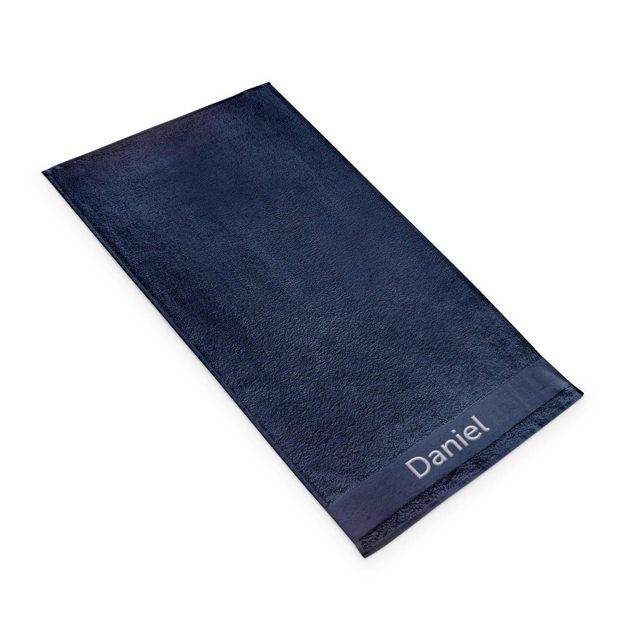 Serviette de bain personnalisée bleu marine avec le prénom Daniel brodé en blanc