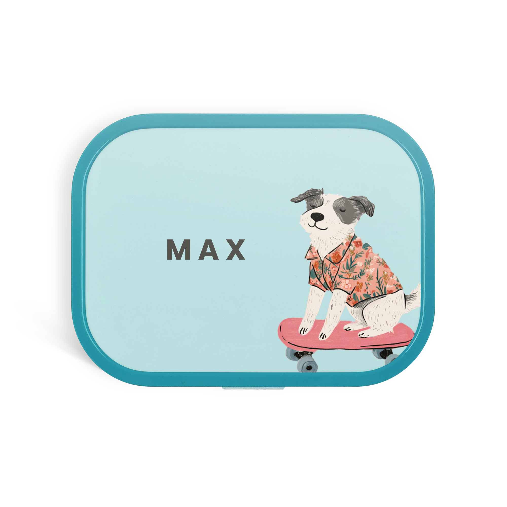 Personlig Mepal-matlåda mintgrön med namnet MAX och en hund som åker skateboard, tryckt med en bild i fullfärg.