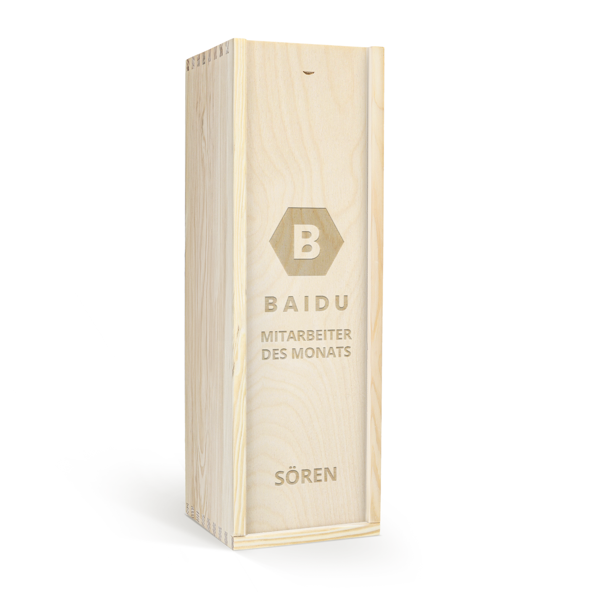 Luxuriöse Holzkiste für AIX Roséwein mit Gravur "Baidu Mitarbeiter des Monats Sören" als personalisiertes Weingeschenk.