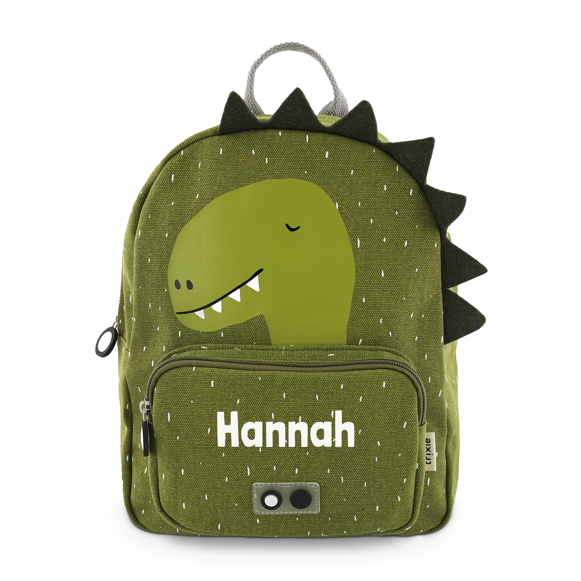 Személyre szabott zöld gyerek hátizsák dinoszaurusz mintával és nyomtatott Hannah névvel