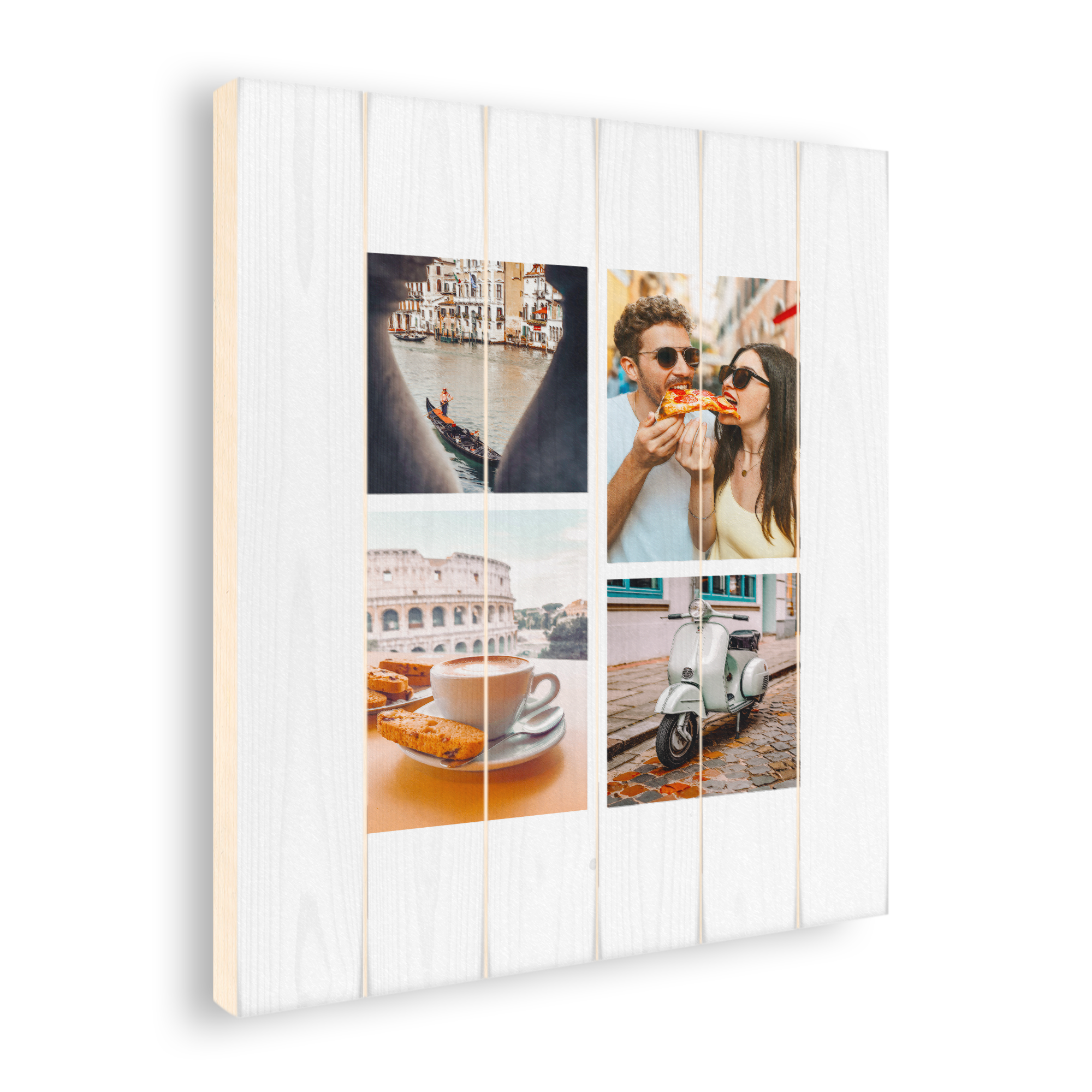 Photo print on wooden planks with four customizable photos featuring travel images and a couple eating pizza