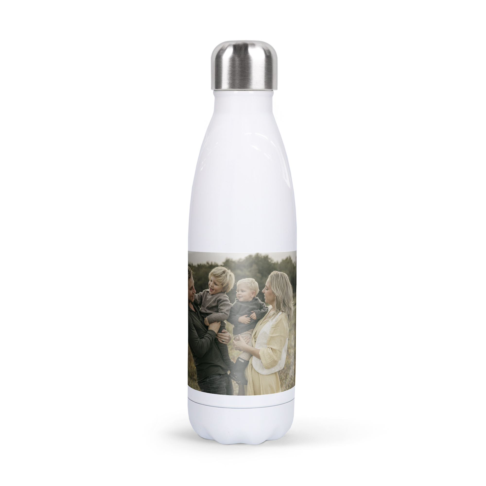 A white personalised insulated water bottle printed with a family photo. Stay hydrated with a custom bottle.