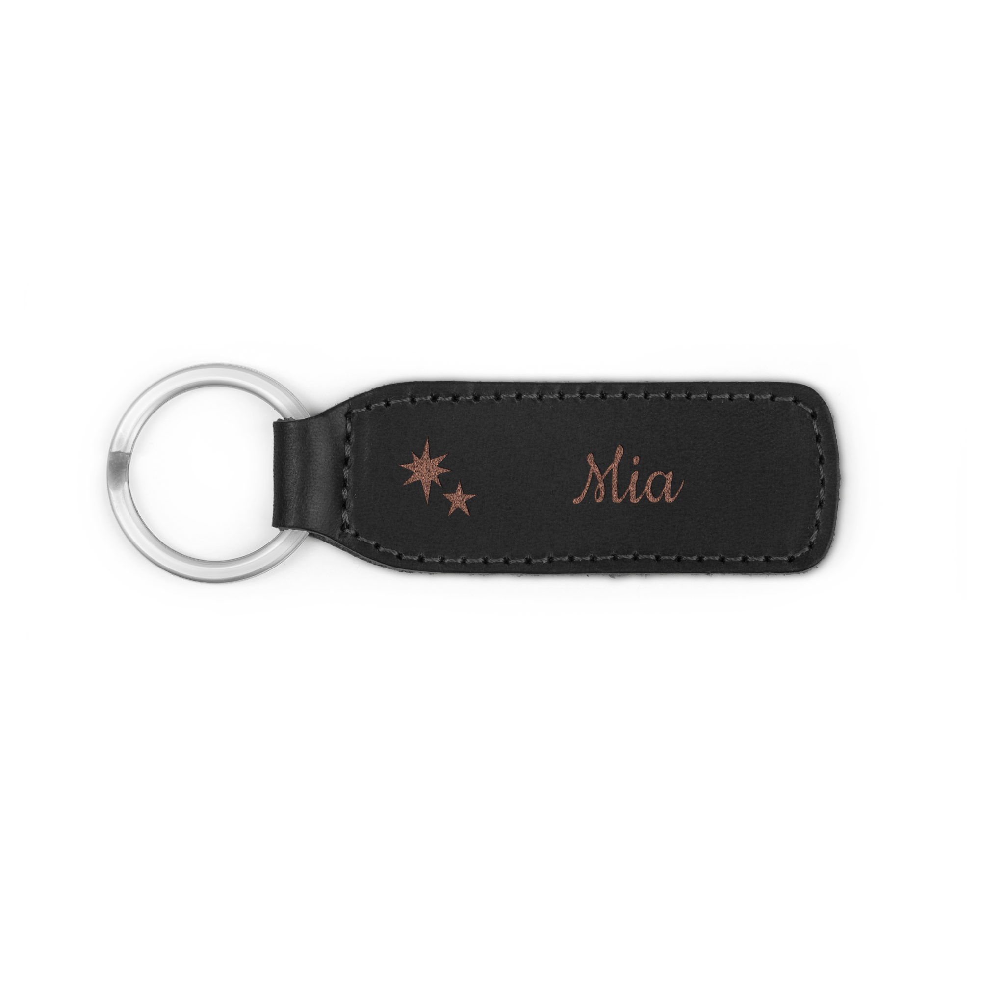 En nøglering i læder med navnet "Mia" og to stjerner lasergraveret til dit nøglebundt.
