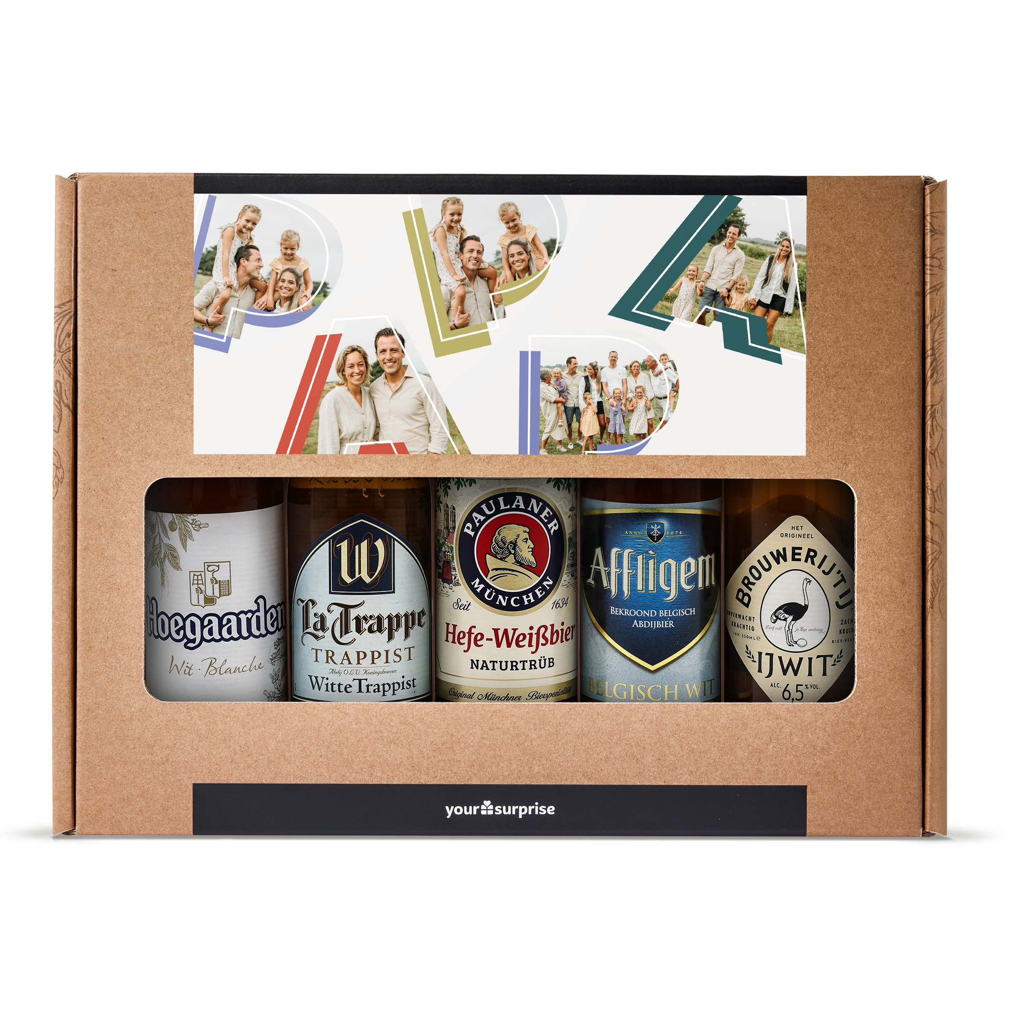 Ett personligt ölpresentset med fem flaskor Weizen-öl, förpackat i en kartong med tryckta foton av familjer.