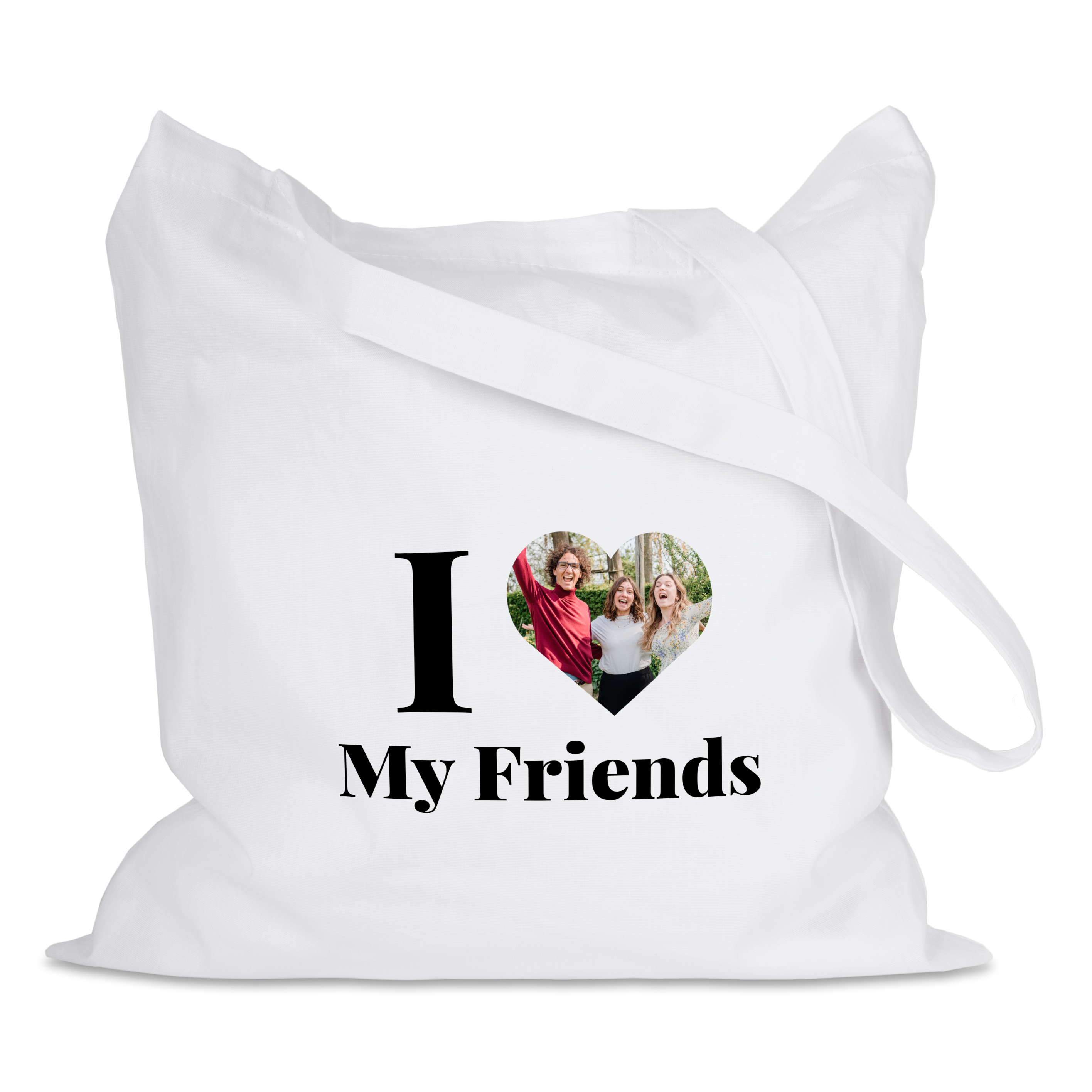Biela bavlnená plátená taška s potlačou „I My Friends“ a fotkou priateľov.