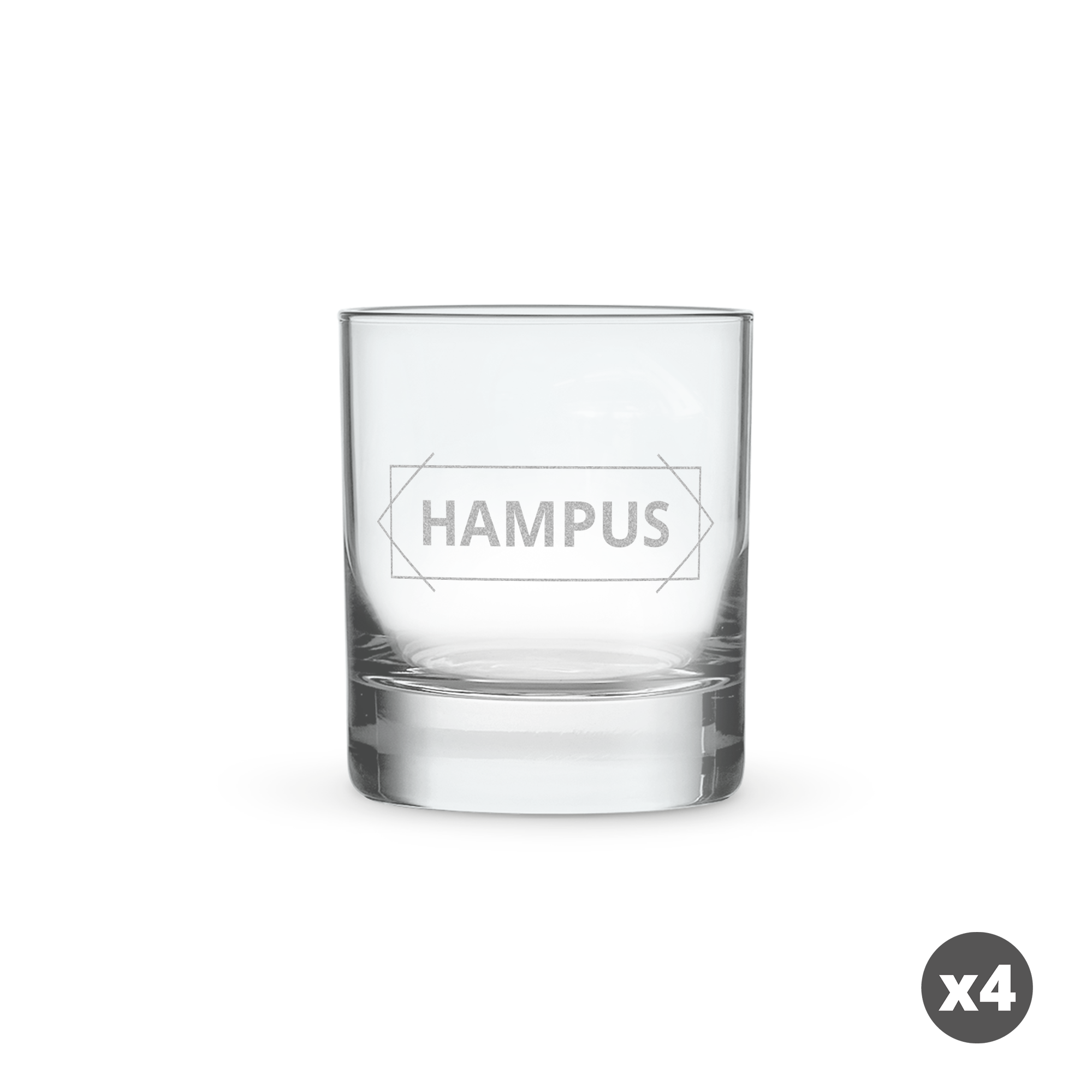 Whiskyglas med namnet "Hampus" graverat i en snygg ram, perfekt för att gravera ett stilfullt whiskyglas med namn eller text.
