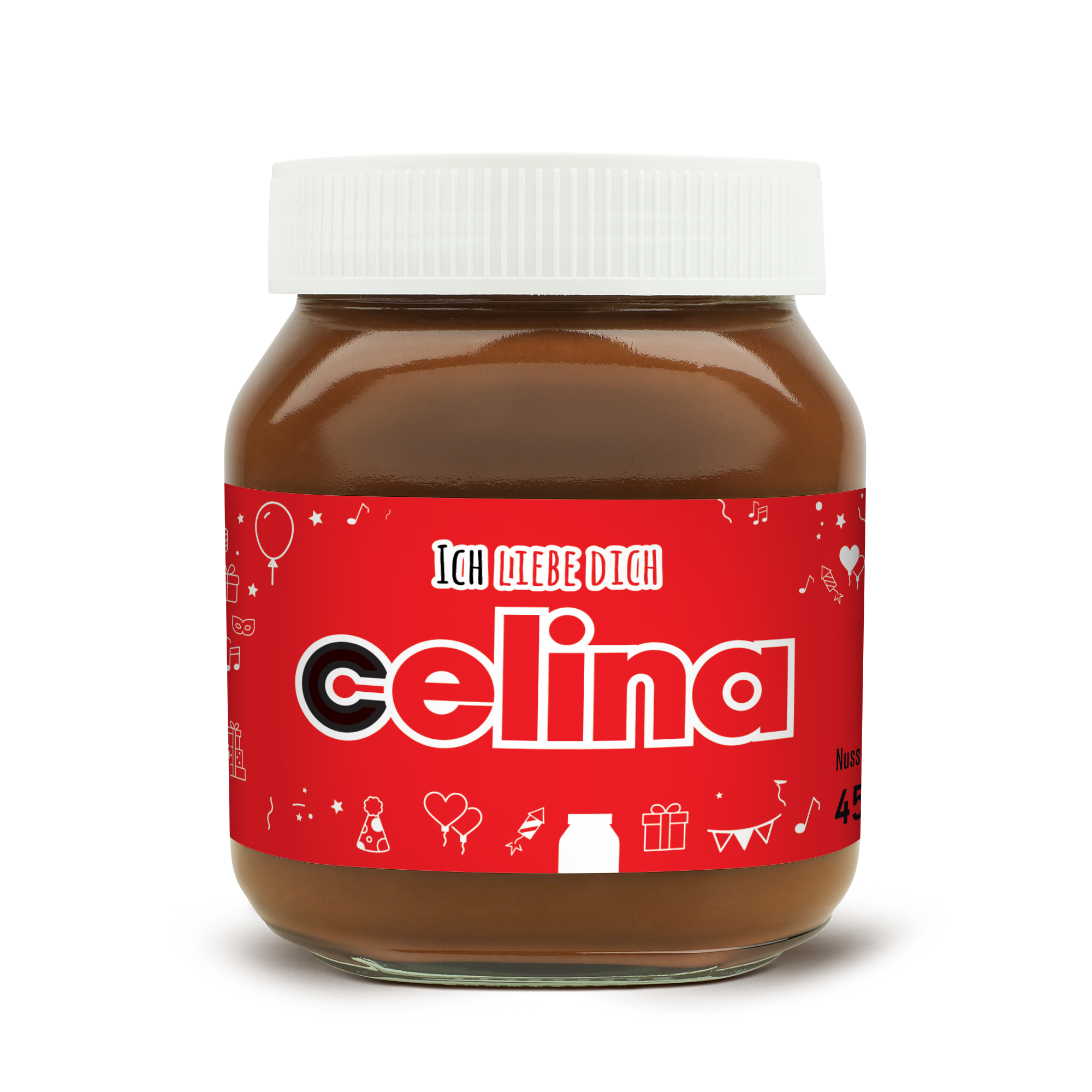 Personalisiertes nutella Glas 450 Gramm Party-Design mit Namen Celina und Spruch Ich liebe dich