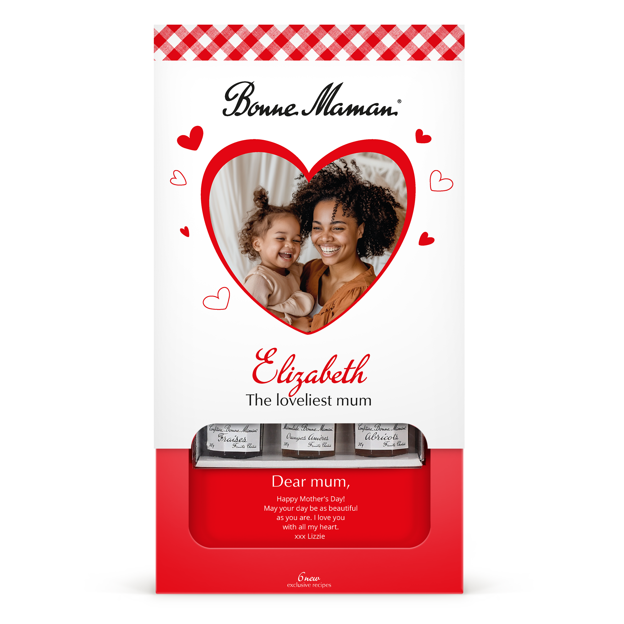 Confezione regalo Bonne Maman personalizzata con foto di mamma e bambina, nome Elizabeth e testo Dear Mum