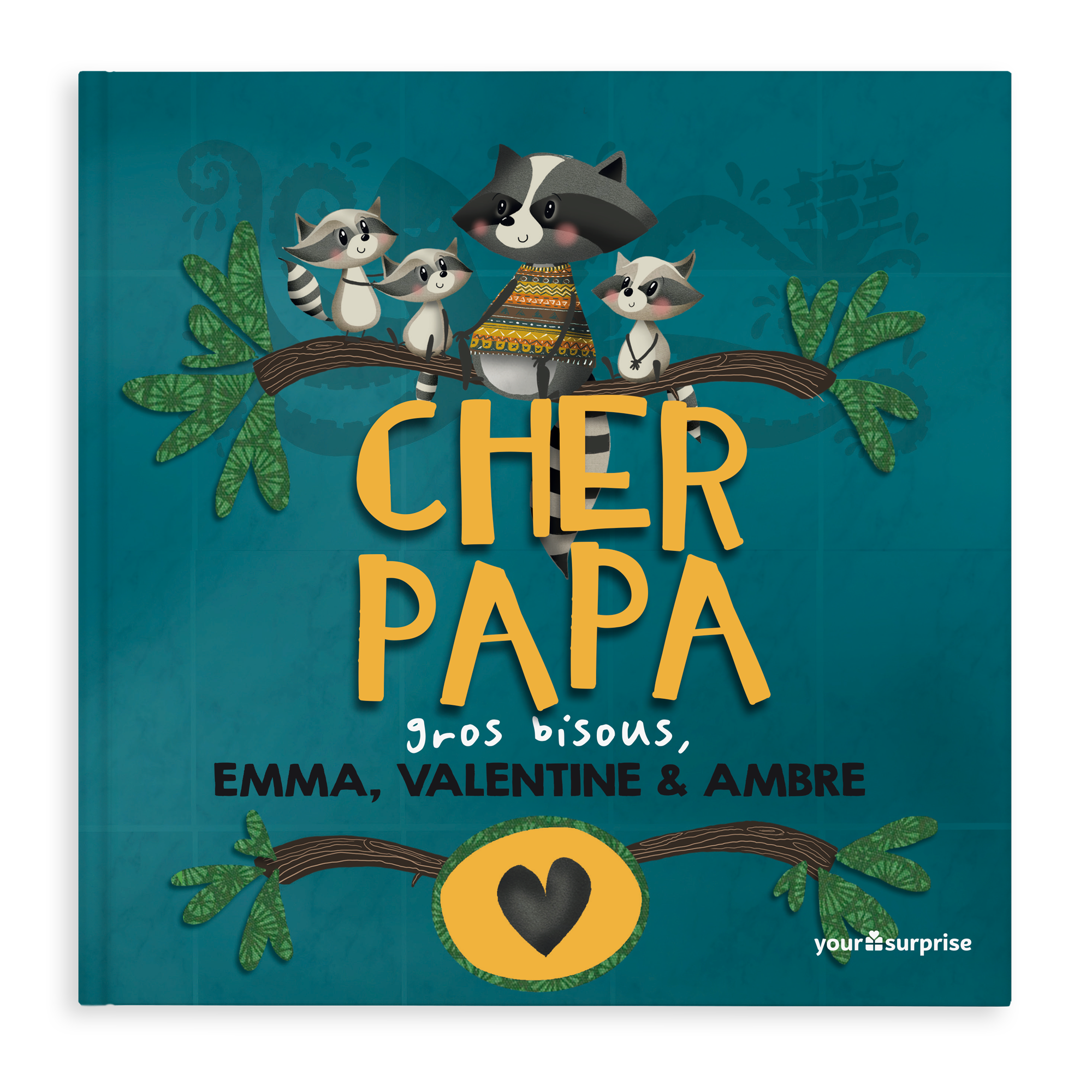 Livre personnalisé Cher Papa avec ratons laveurs et noms Emma, Valentine et Ambre