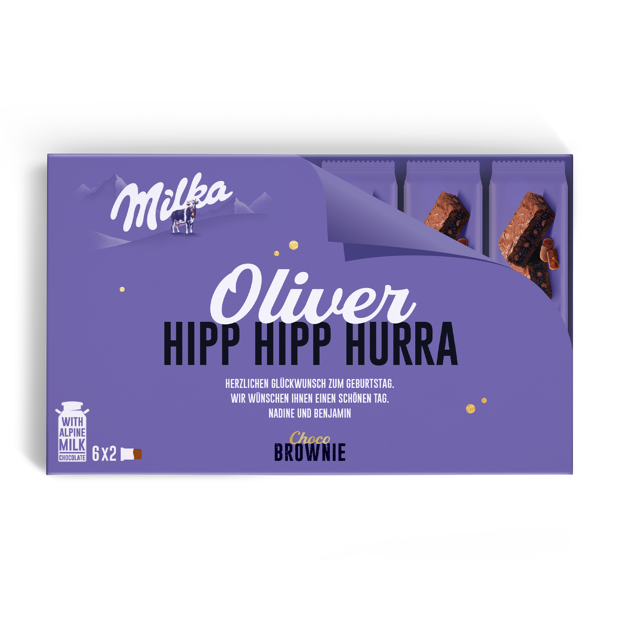 Personalisierte Milka Choco Brownie-Geschenkbox mit Namen Oliver und Glückwunschnachricht, bedruckt.