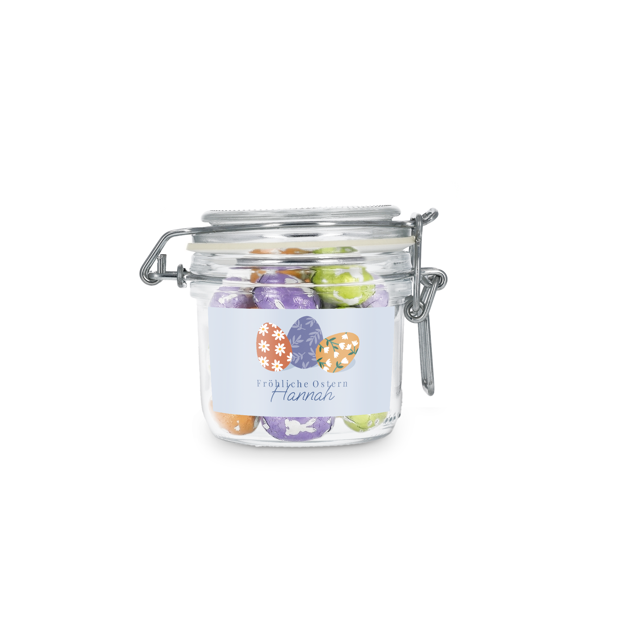 Personalisiertes Bonbonglas – 200 ml – Schokoladeneier, individuell mit Name Hannah und drei Ostereiern bedruckt, ideal als Ostergeschenk.
