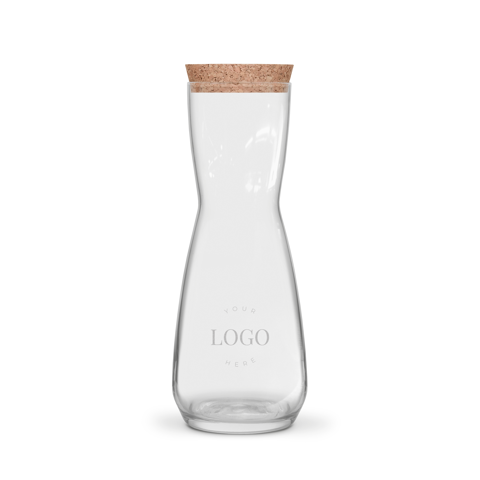 Decantor elegant din sticlă cu dop de plută, gravat cu text personalizabil YOUR LOGO HERE.