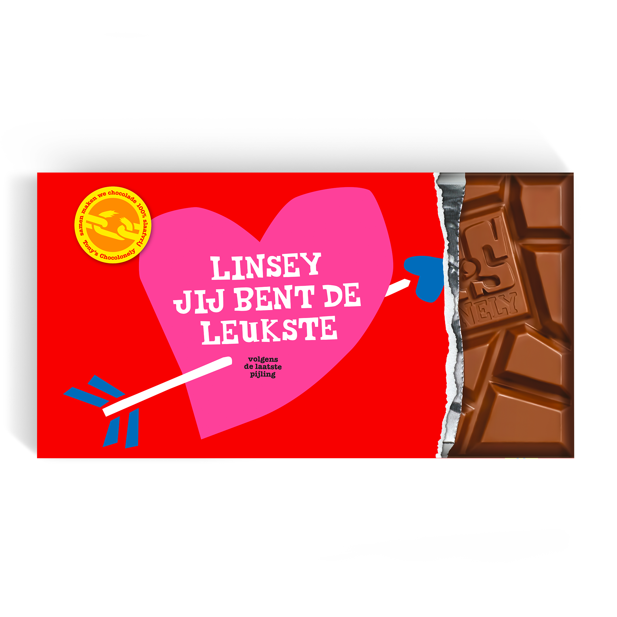 Tony's Chocolonely reep, gepersonaliseerd met naam Linsey en tekst Jij bent de leukste, op een wikkel met rood hart en pijl.