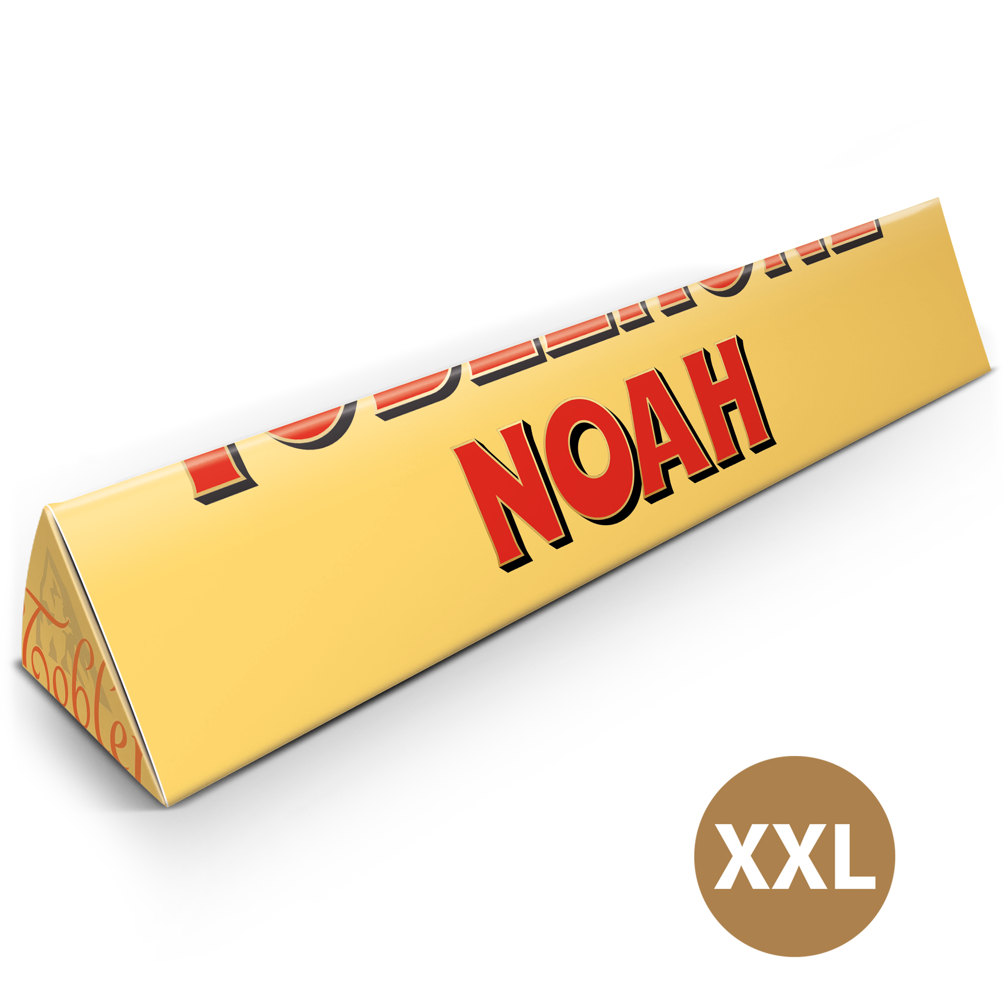 Personliggjort Tobleronebar XXL med navnet Noah trykt på den gule indpakning.