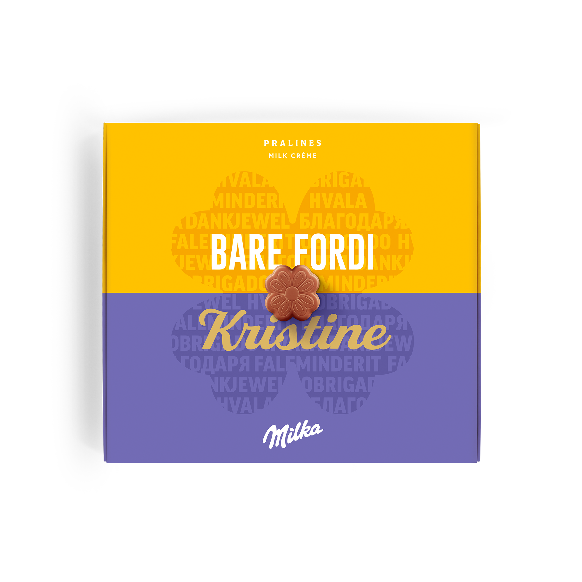 En personlig Milka gaveeske trykt med "BANE FORDI" og navnet Kristine.