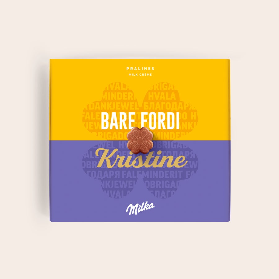 Milka Pralines Takk En personlig Milka gaveeske trykt med "BANE FORDI" og navnet Kristine.