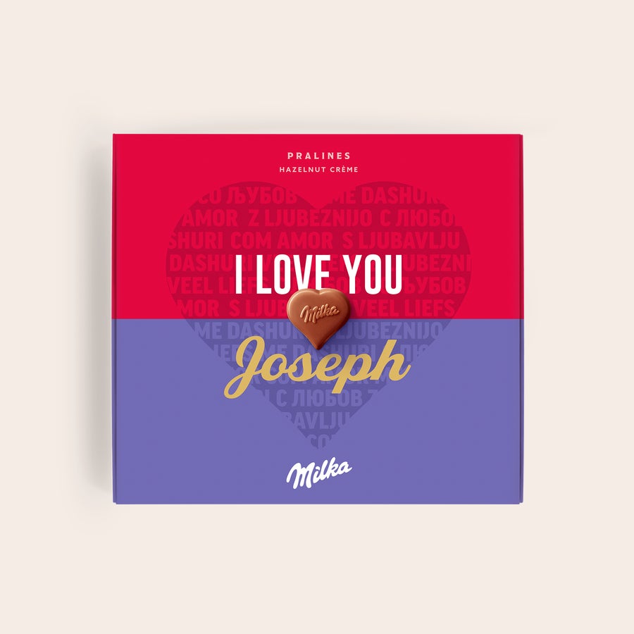 Pralinés de Milka Amor Caja de chocolates Milka personalizada con la frase I LOVE YOU, el nombre Joseph y un bombón de corazón para decir te quiero.