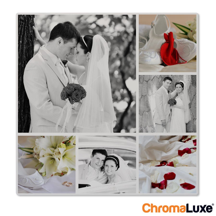 Collage de fotos de Instagram de aluminio con imágenes de boda personalizadas y detalles en blanco y negro y color.