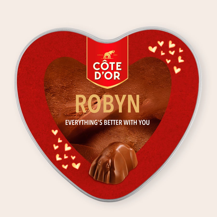 Personalised Gift Tin - Côte d'Or Mini Bouchée Heart-shaped Personalised gift tin - Heart - Côte d’Or Mini Bouchée Chocolate Box with custom name Robyn and message Everything’s Better With You, printed on the lid.