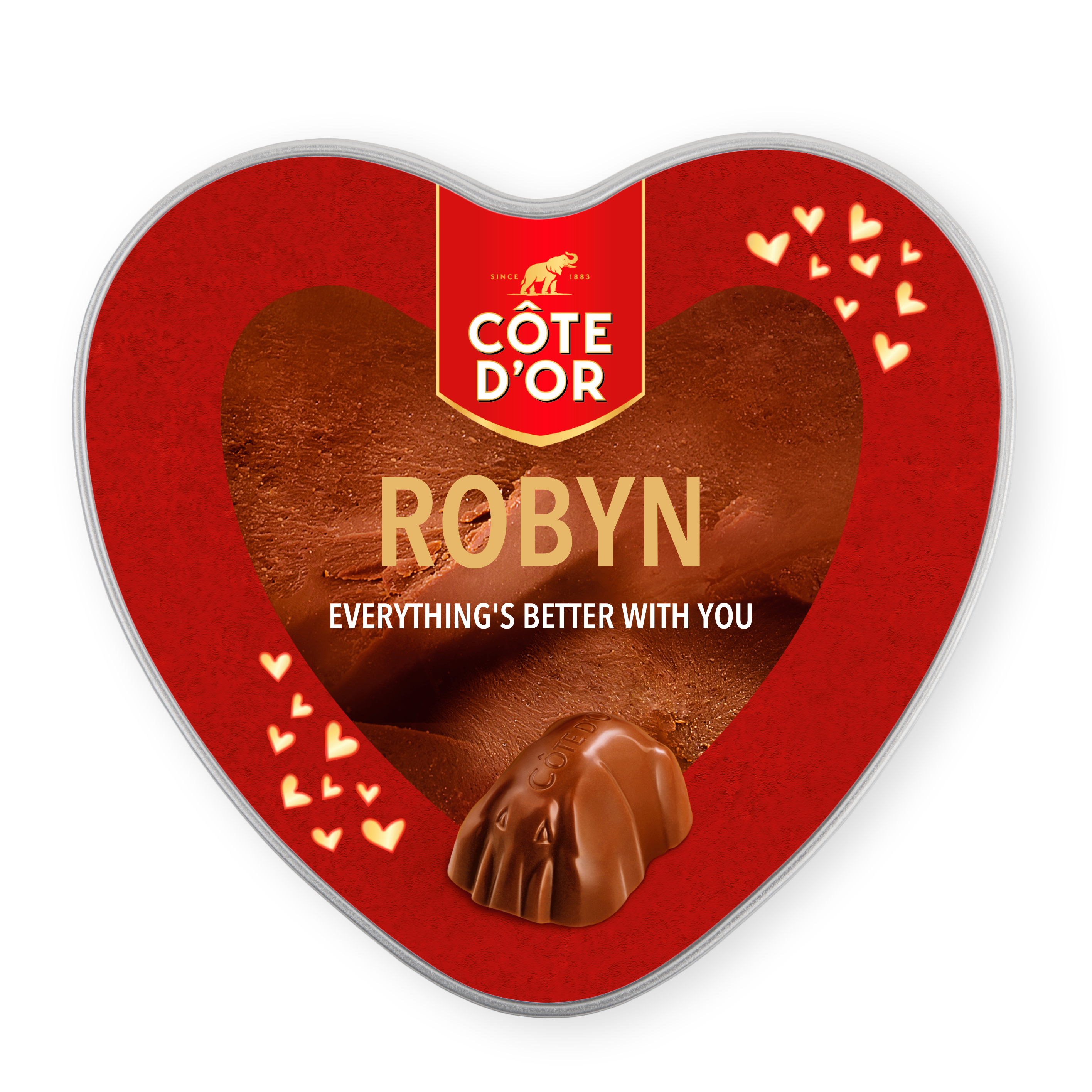 Personalizovaná dárková dóza - Srdce - Côte d'Or Mini Bouchée s vlastním potiskem jména Robyn a textem