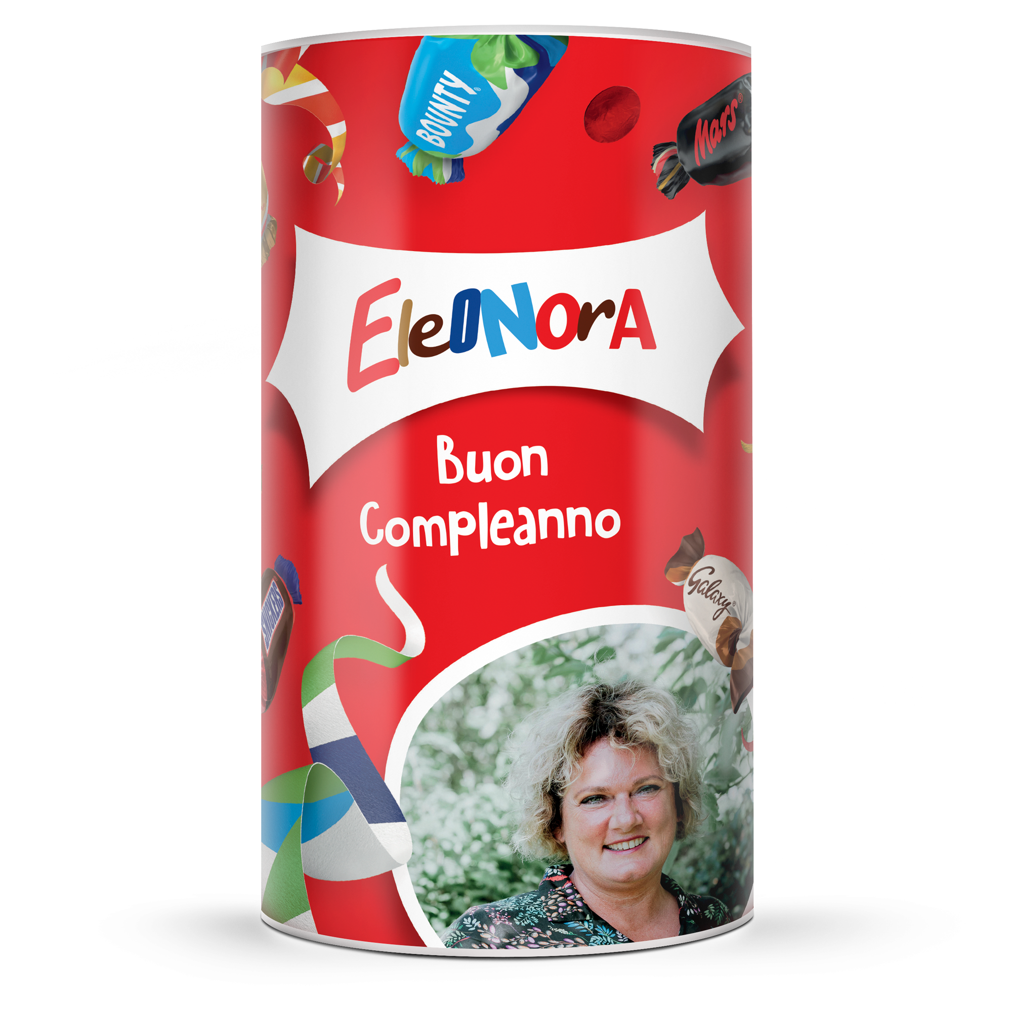 Confezione di cioccolatini Celebrations personalizzata con nome Eleonora foto e auguri Buon Compleanno stampati