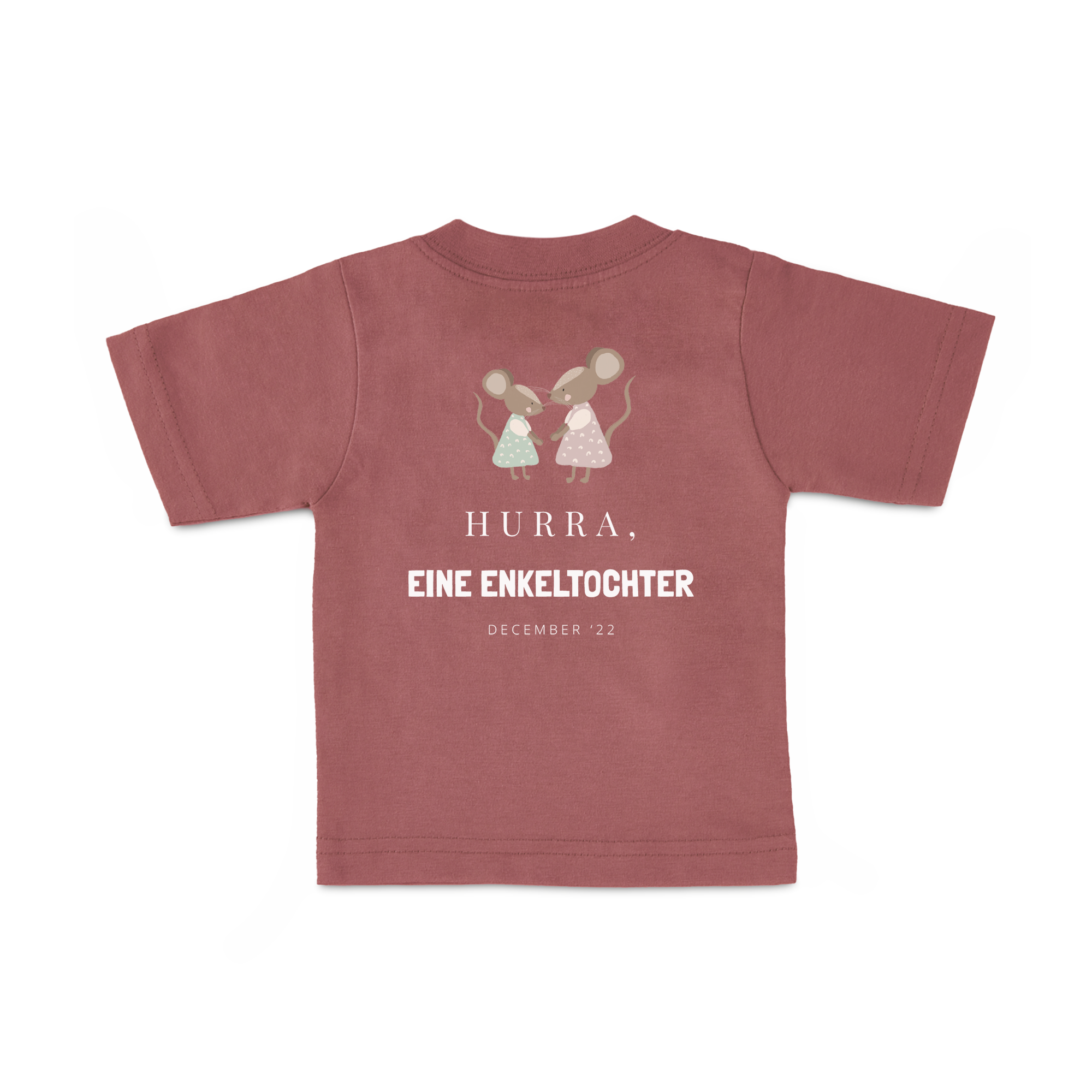 Rosa Baby T-Shirt mit zwei Mäusen und dem Text "Hurra, eine Enkeltochter Dezember '22" bedruckt, dein Kleines ist ganz modern.