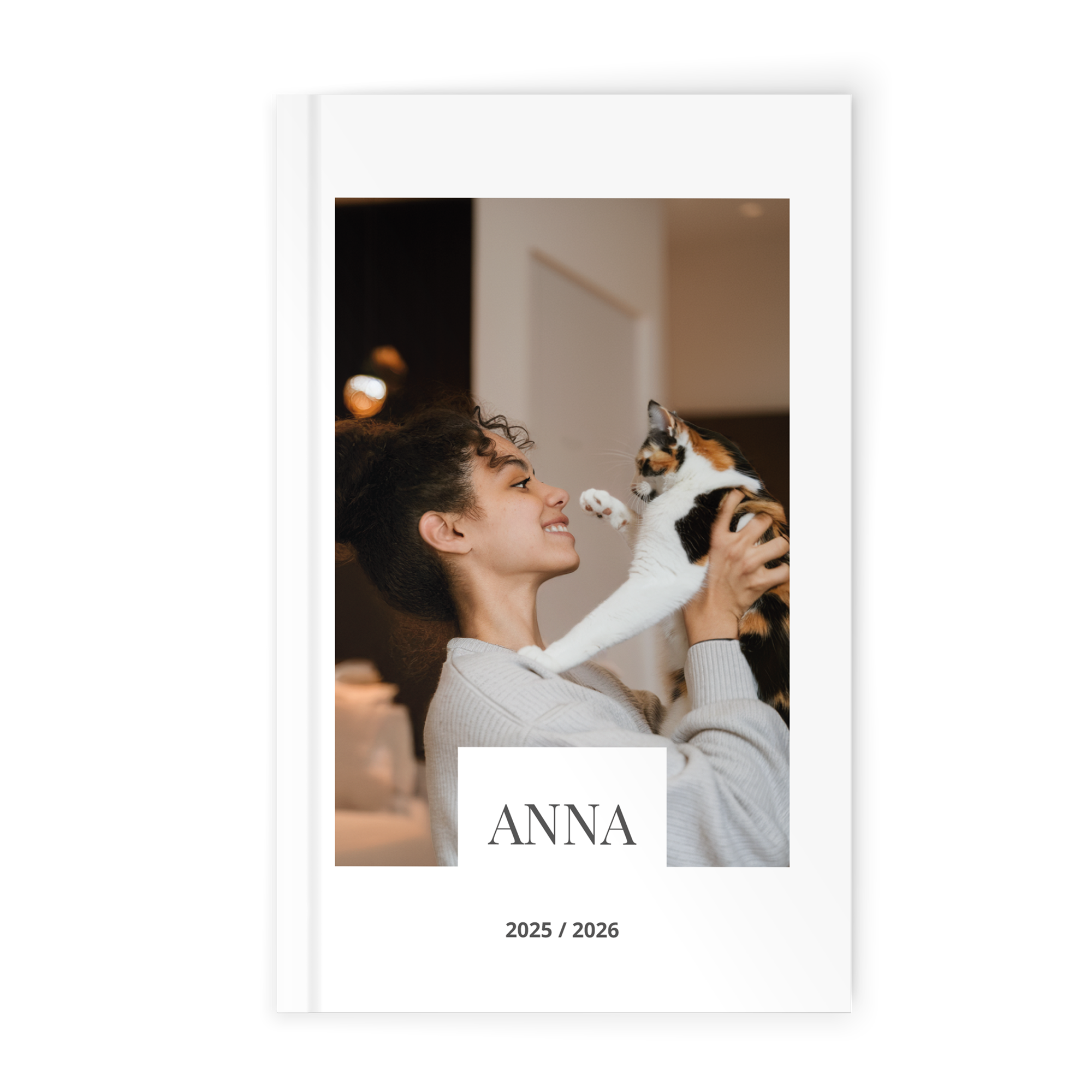 Diario scolastico personalizzato con foto stampata di ragazza e gatto, nome Anna e anno scolastico 2025/2026