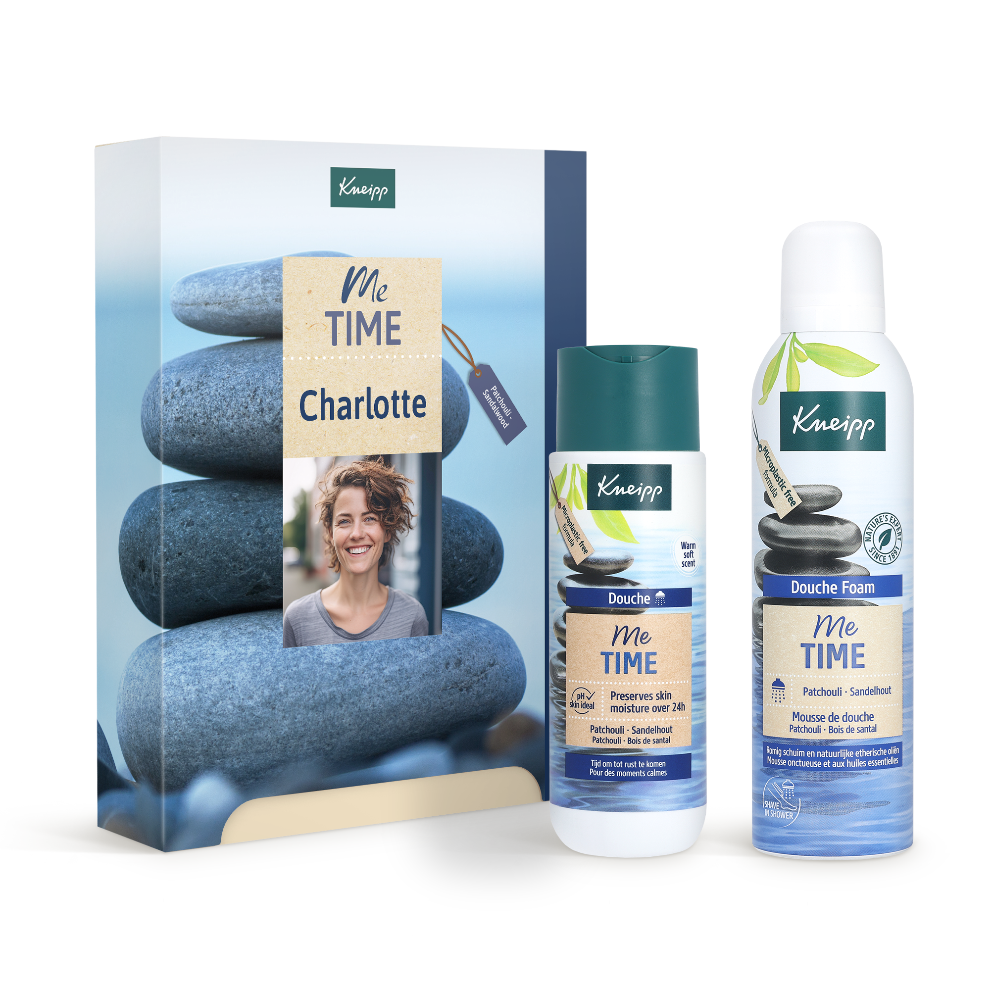 Scatola regalo personalizzata Kneipp Me-Time - Design Kneipp con foto e nome stampati, include docciaschiuma e spuma doccia.