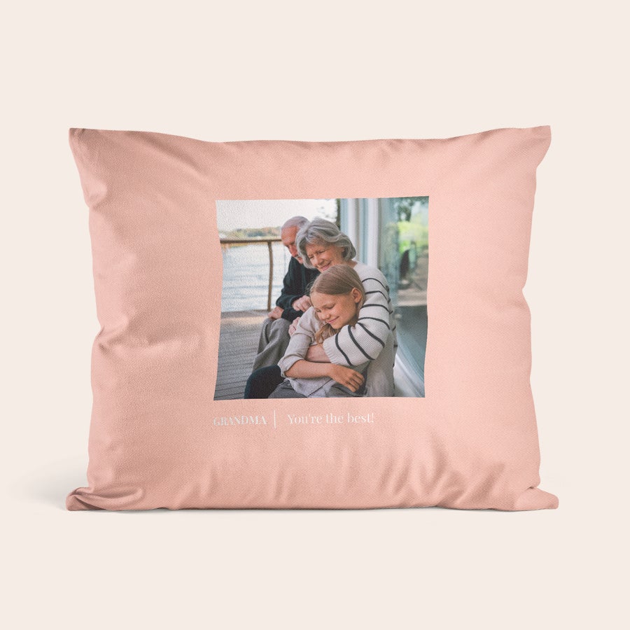 Personalised cushions & cushion cases Light pink personalised cushion printed with a family photo and "GRANDMA You're the best!" text