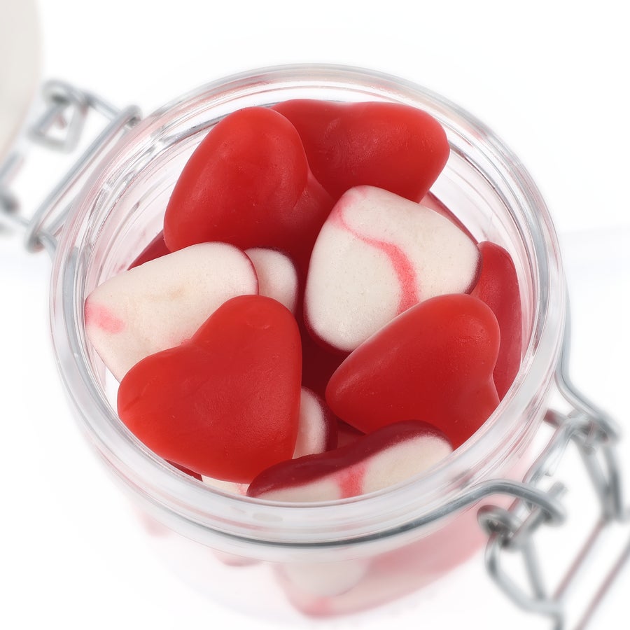 Bocal à bonbons personnalisé Bocal à bonbons personnalisé avec des cœurs rouges et blancs pour une délicieuse surprise