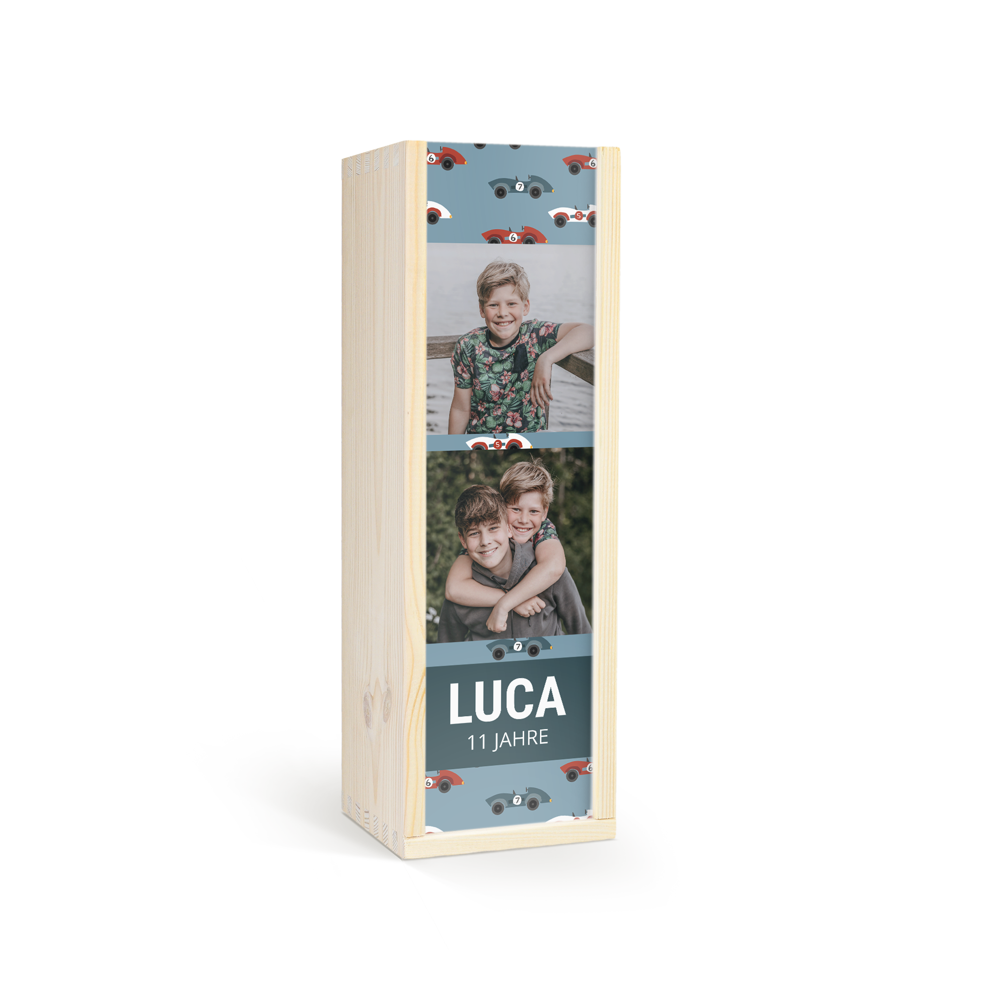Holzkiste für Kindersekt mit gedrucktem Foto von zwei Jungen und Text Luca 11 Jahre