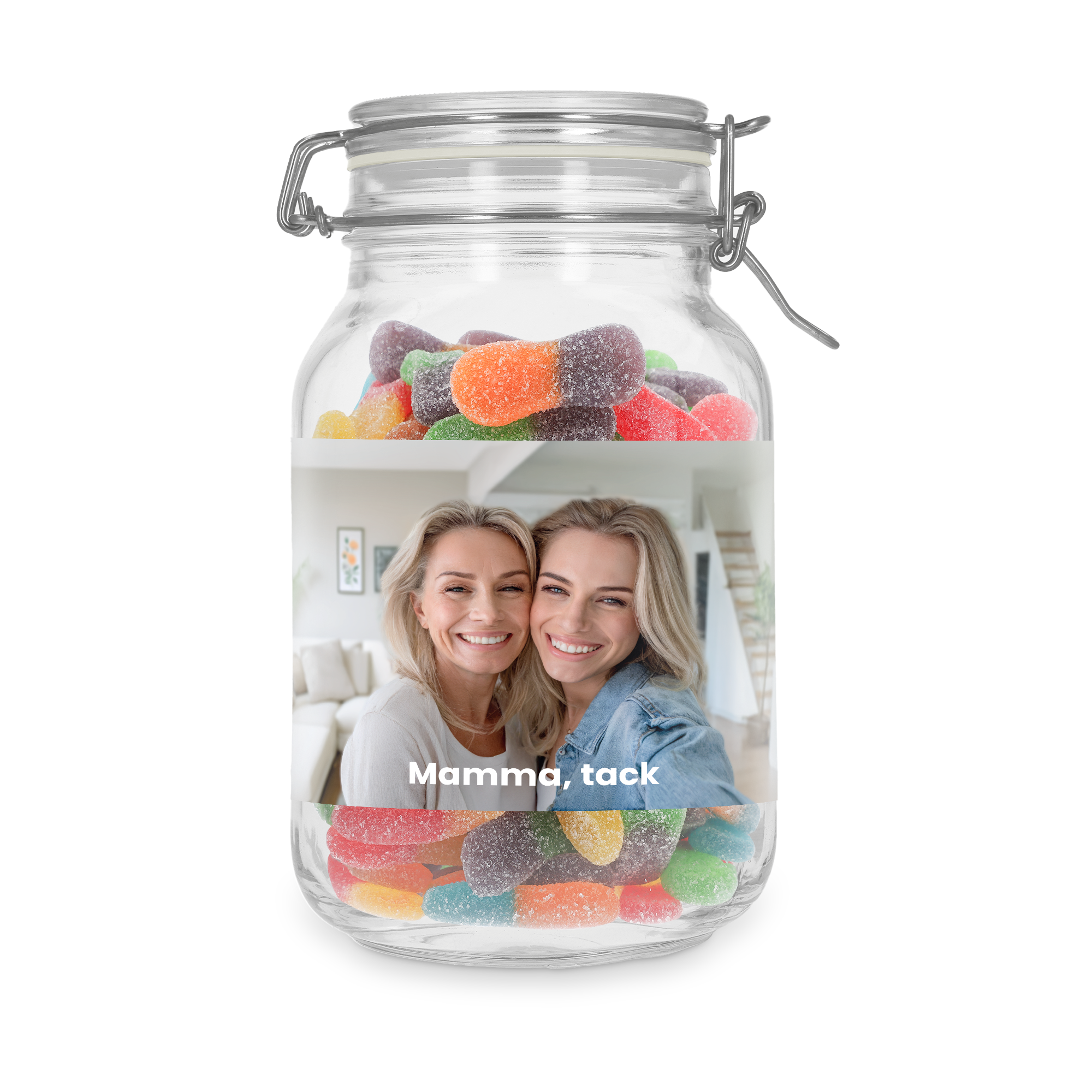 Personlig sötburk med sura stickor tryckt med foto av två kvinnor och texten "Mamma, tack"