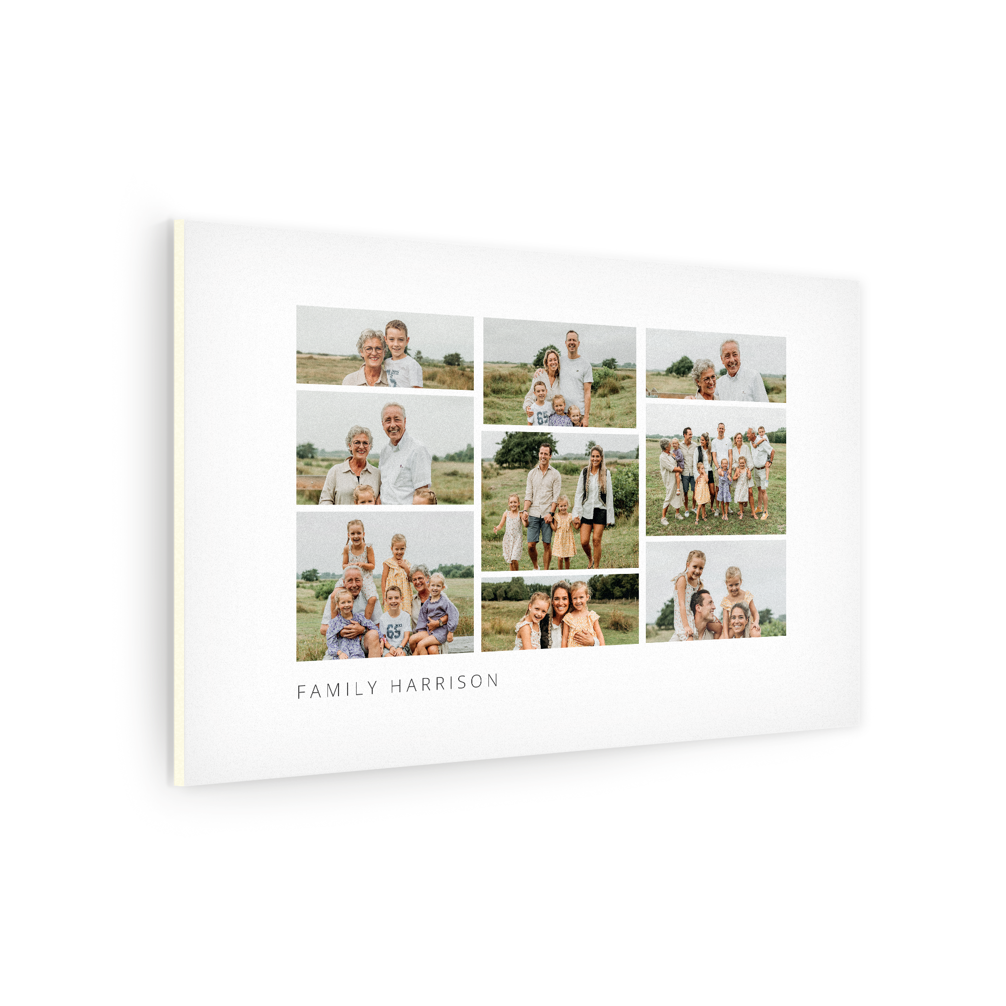 Zdjęcie na forex z kolażem ośmiu rodzinnych fotografii i napisem FAMILY HARRISON, personalizowany prezent ścienny