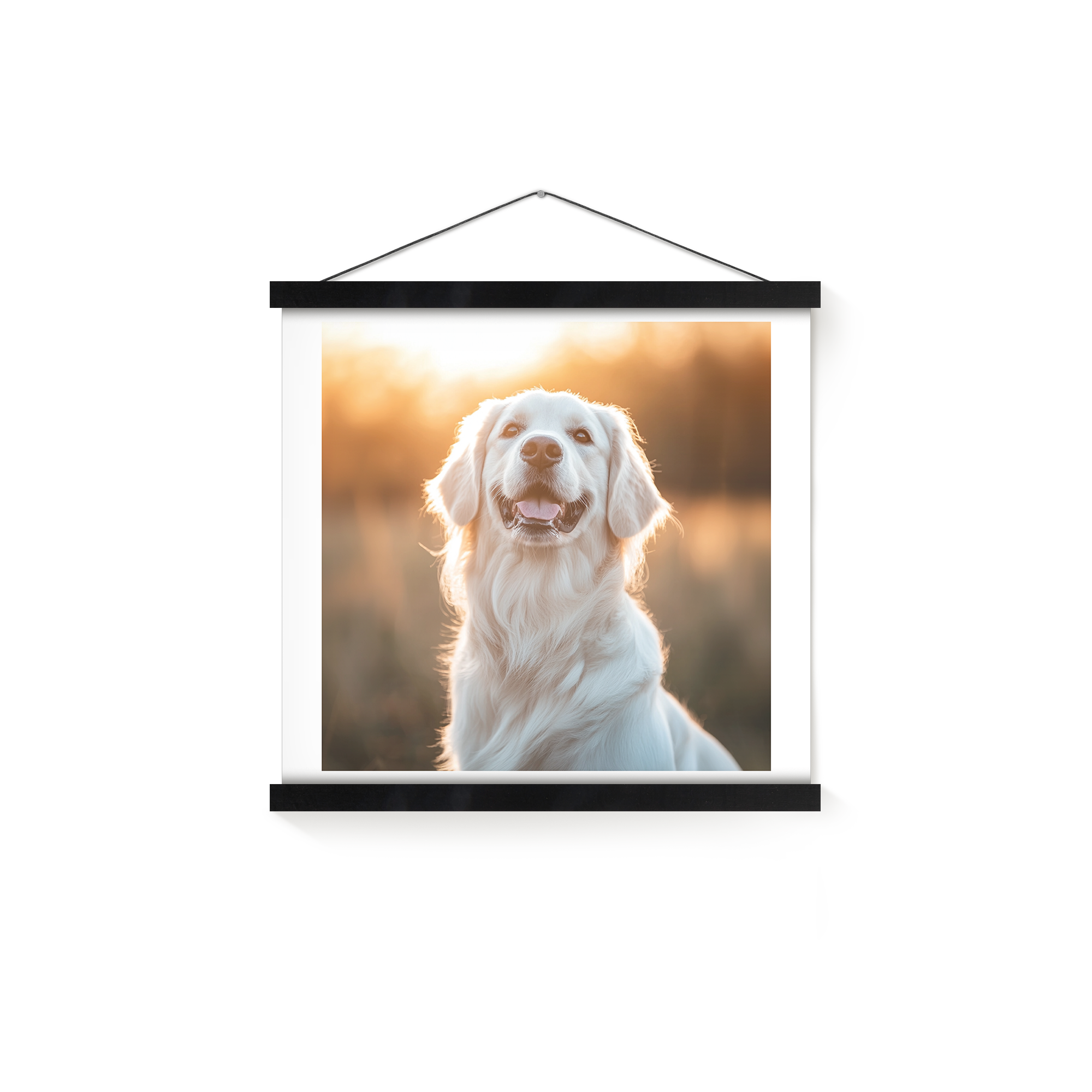 Poster da parete personalizzato con foto stampata di un Golden Retriever e bastoncini magnetici in legno