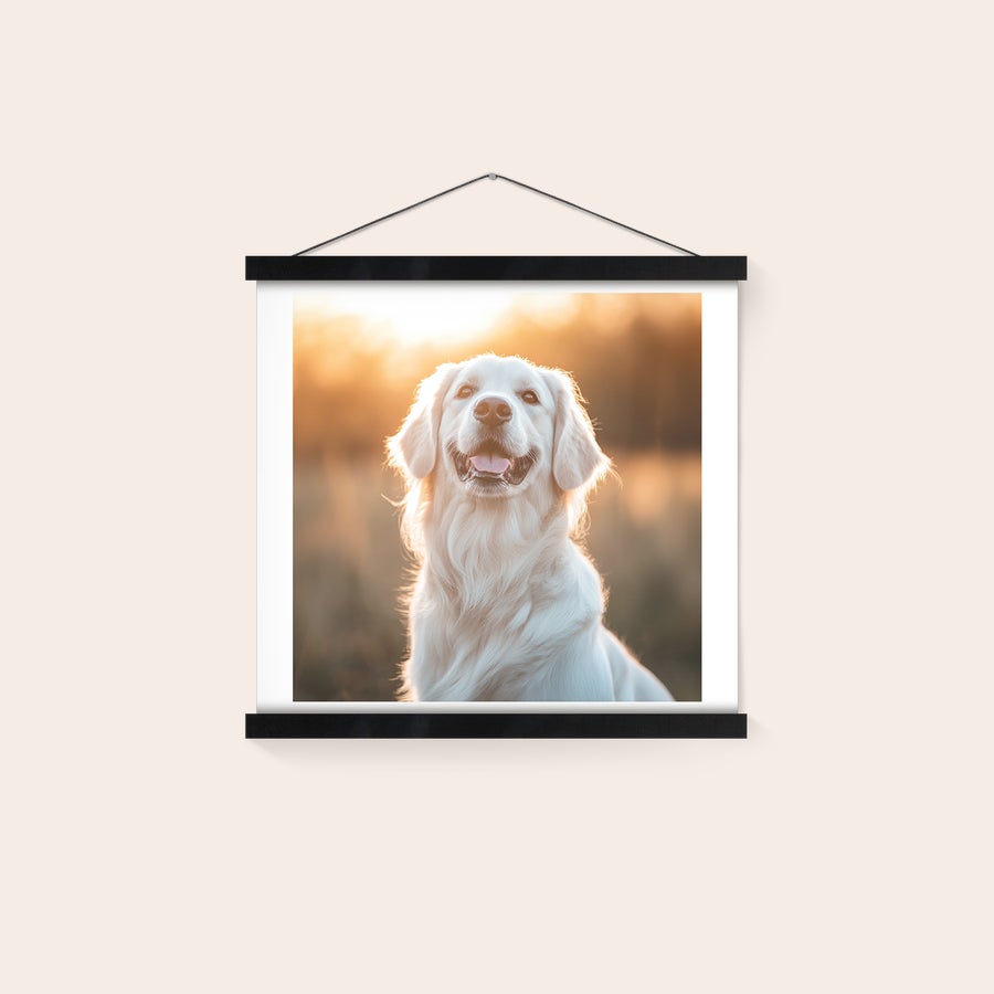 Póster personalizado con colgador Póster con foto impresa de un golden retriever, colgado en la pared con un colgador magnético de madera de roble.
