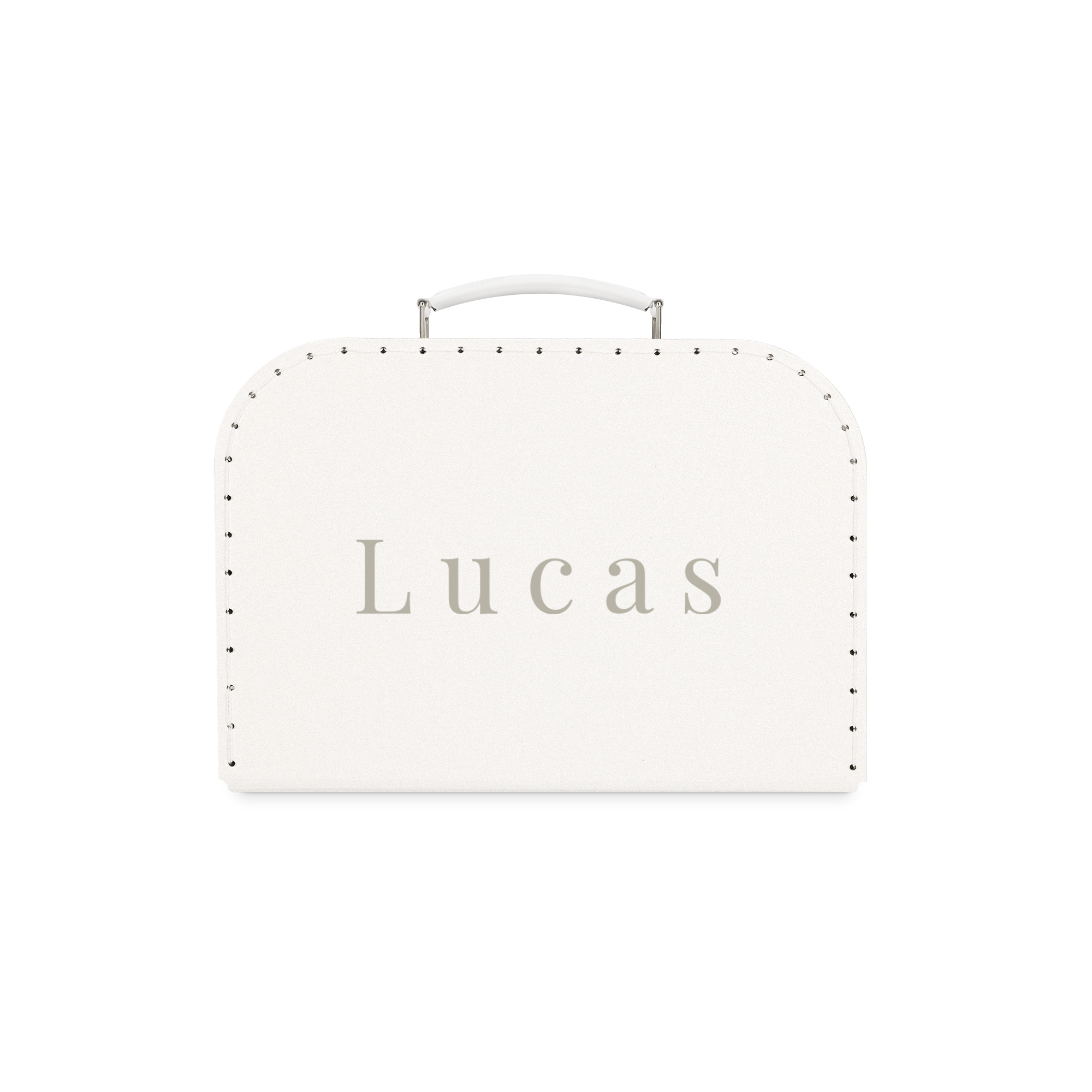 Personlig lekekoffert, hvit, med navnet Lucas trykt i grått – en reisefølge som er unikt for dem