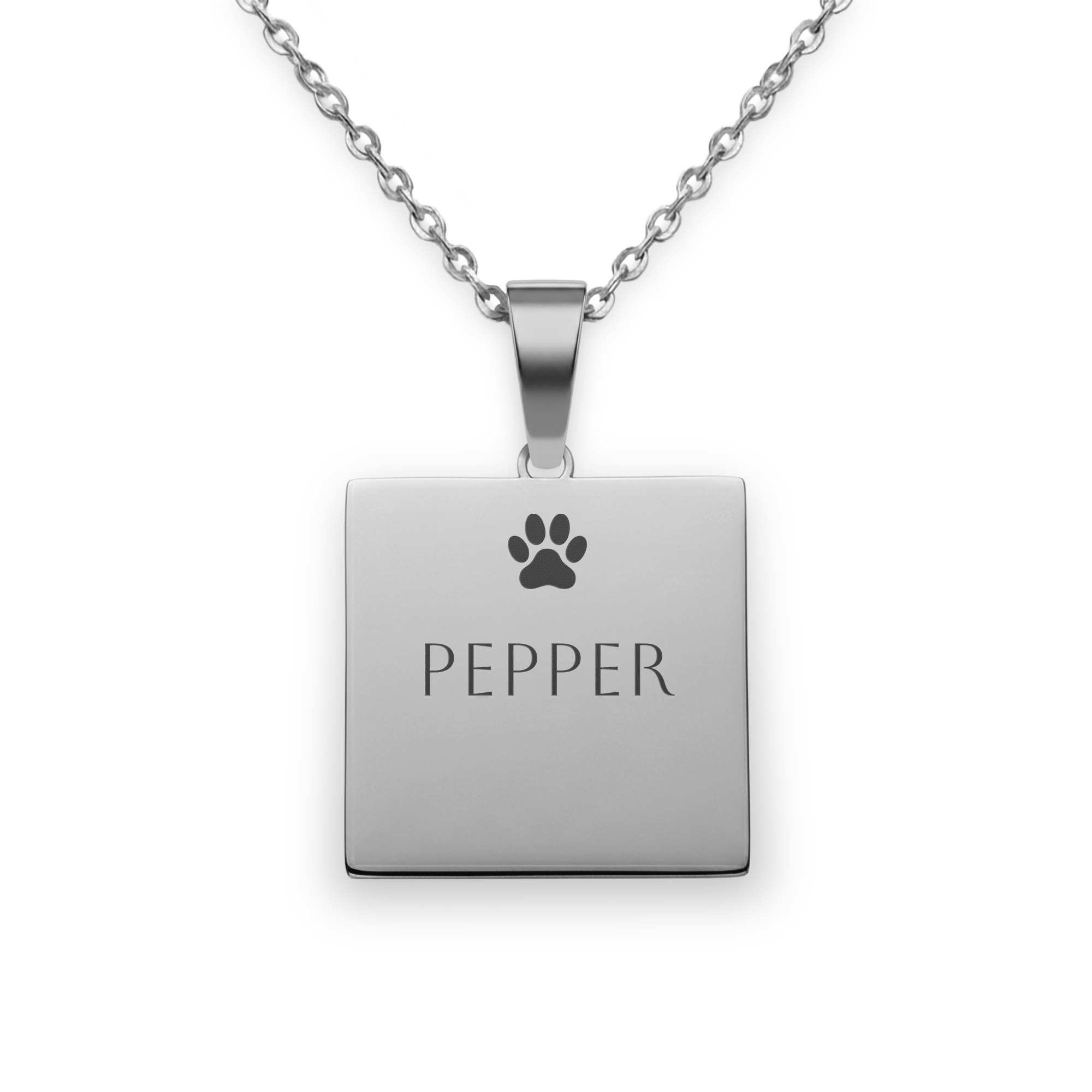 Halsband fyrkantigt hänge med text - Silver, graverat med tassavtryck och namnet Pepper. Personlig present till djurälskaren.