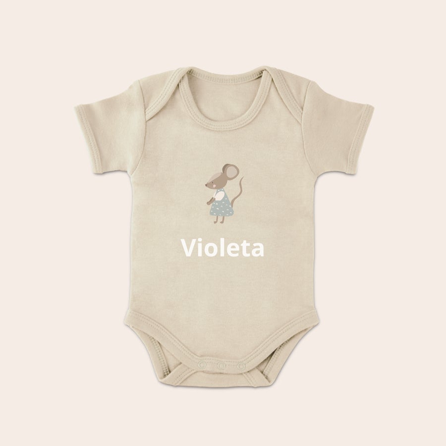 Body personnalisé Body personnalisé pour bébé, couleur crème, avec motif souris et nom Violeta imprimés