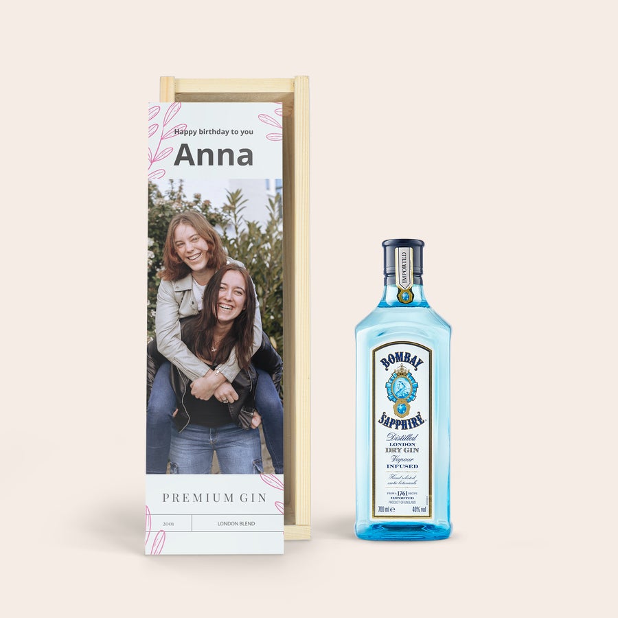 Gin Bombay Sapphire Personalizzato Bottiglia di Gin Bombay Sapphire con confezione in legno personalizzata con foto e nome Anna
