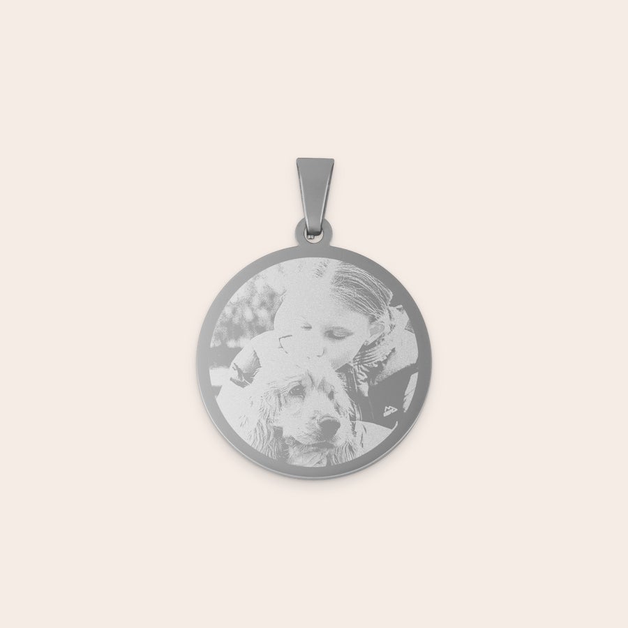 Round pendant necklace Rhodium pendant engraved with a personalized photo of a girl hugging a dog