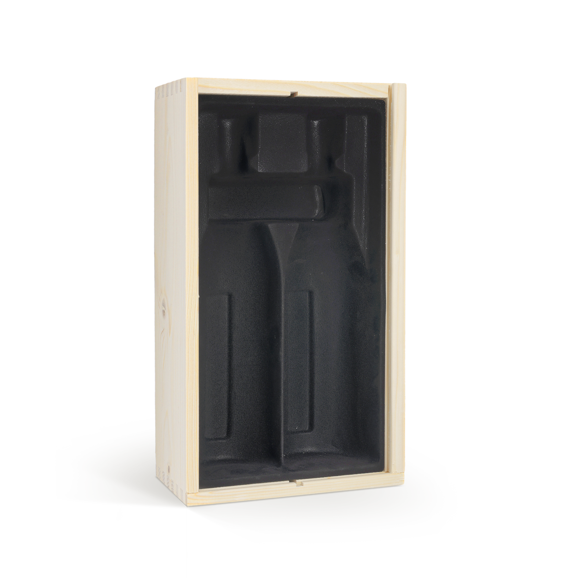 Luxe houten wijnkist met zwart fluweel interieur, open en leeg, klaar voor persoonlijke bedrukking