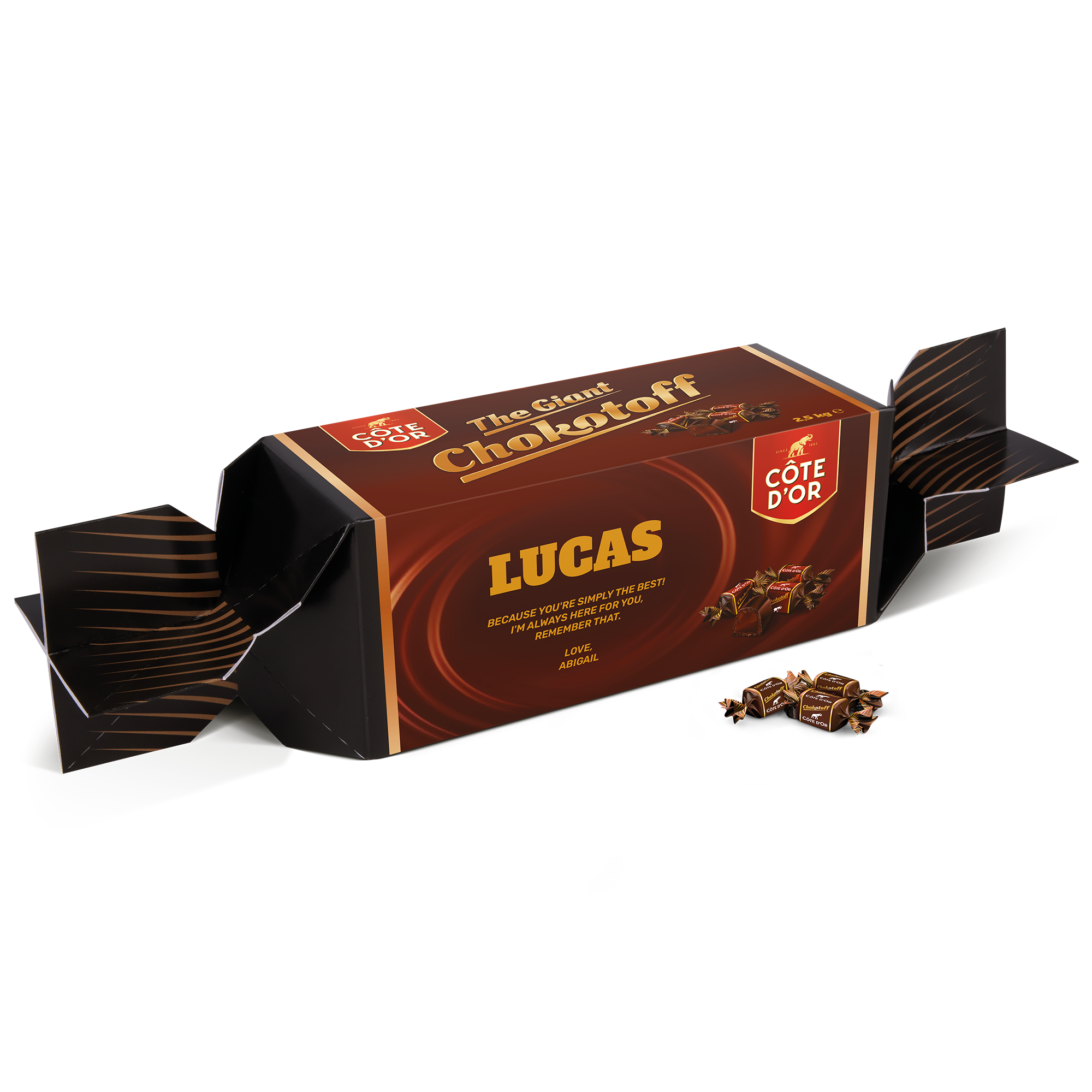 Personalised giant Chokotoff toffee box, printed with the name Lucas and a custom message.