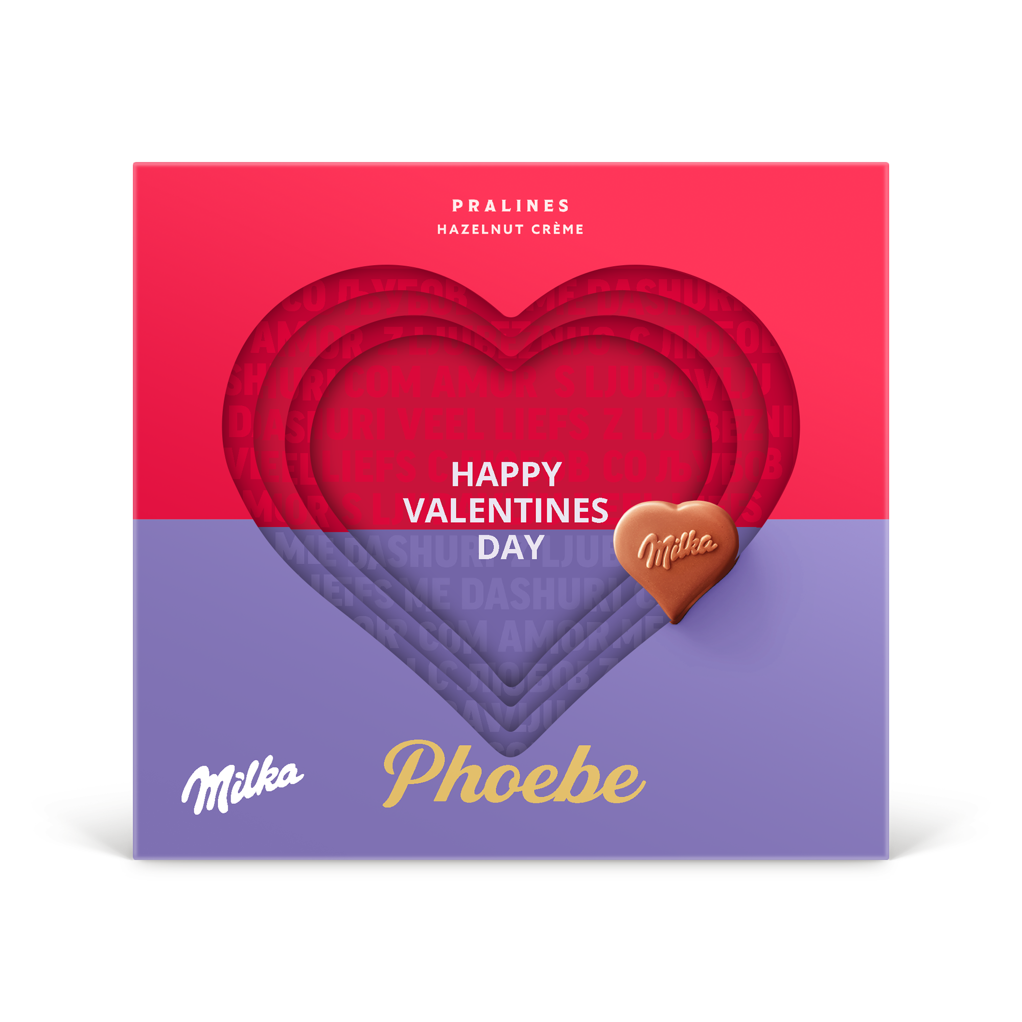 Személyre szabott Milka Hearts 3D ajándékdoboz Phoebe névvel és 