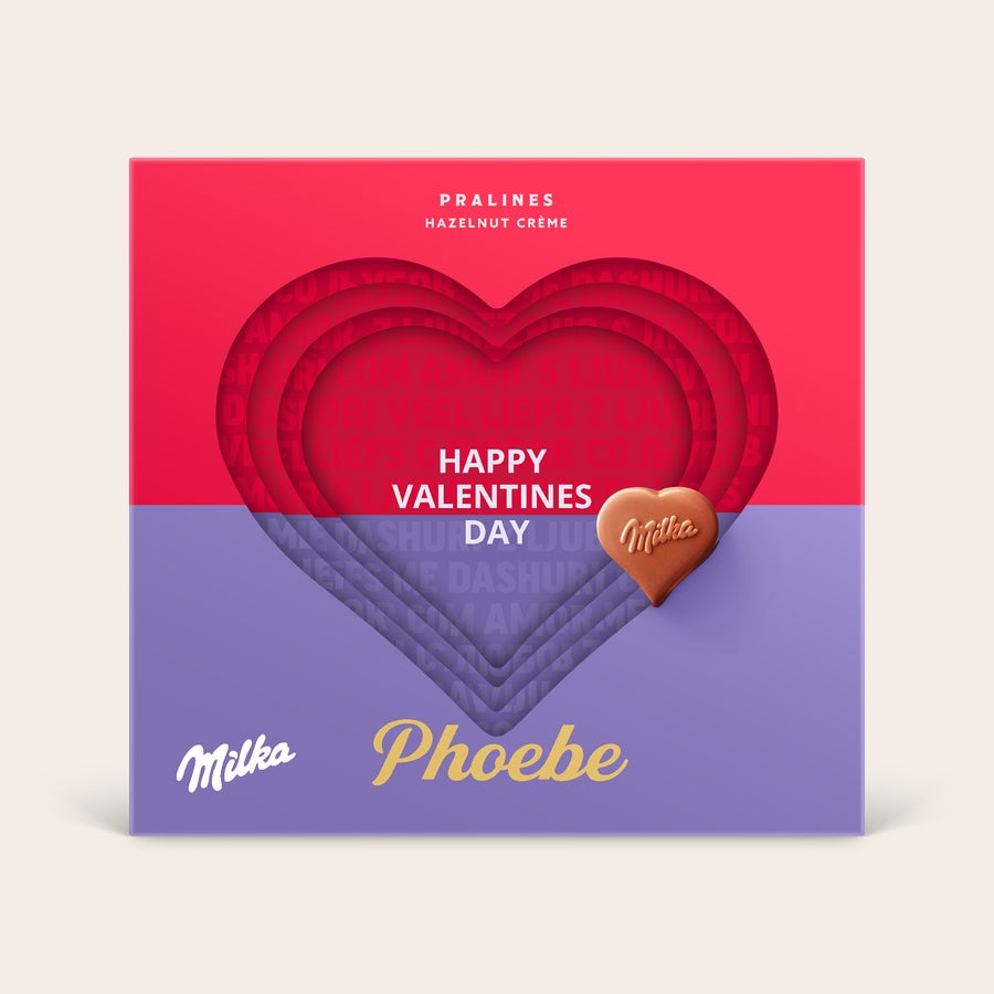 Milka csokoládé 3D ajándékdoboz Személyre szabott Milka Hearts 3D ajándékdoboz Phoebe névvel és